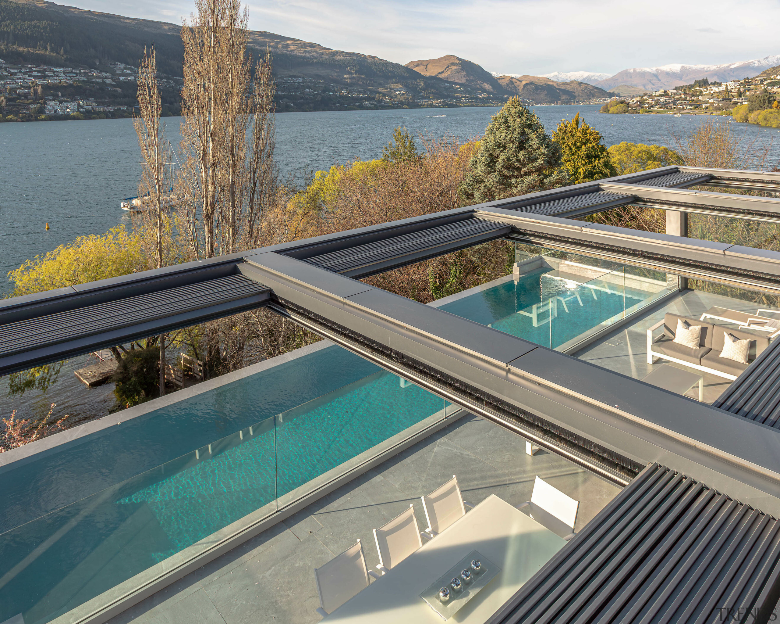 Lake and pool viewed from the upper level. 