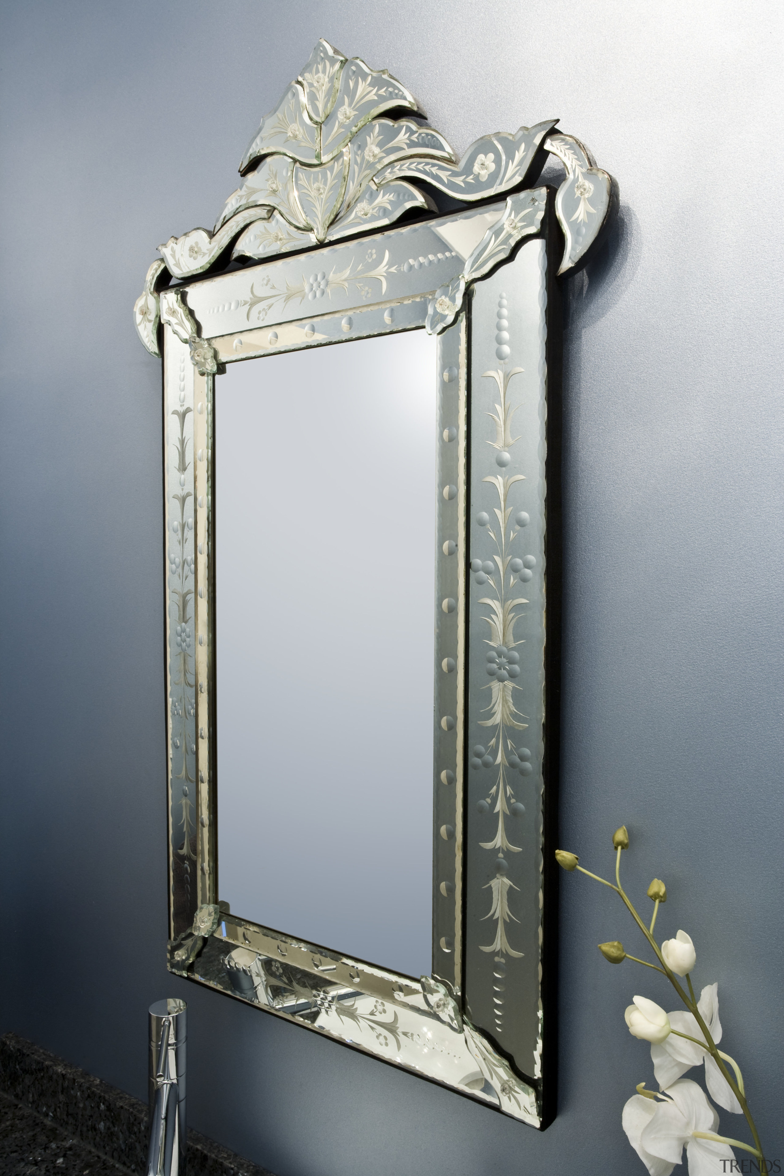 Powder room, featuring a Venetian mirror and blue mirror, gray