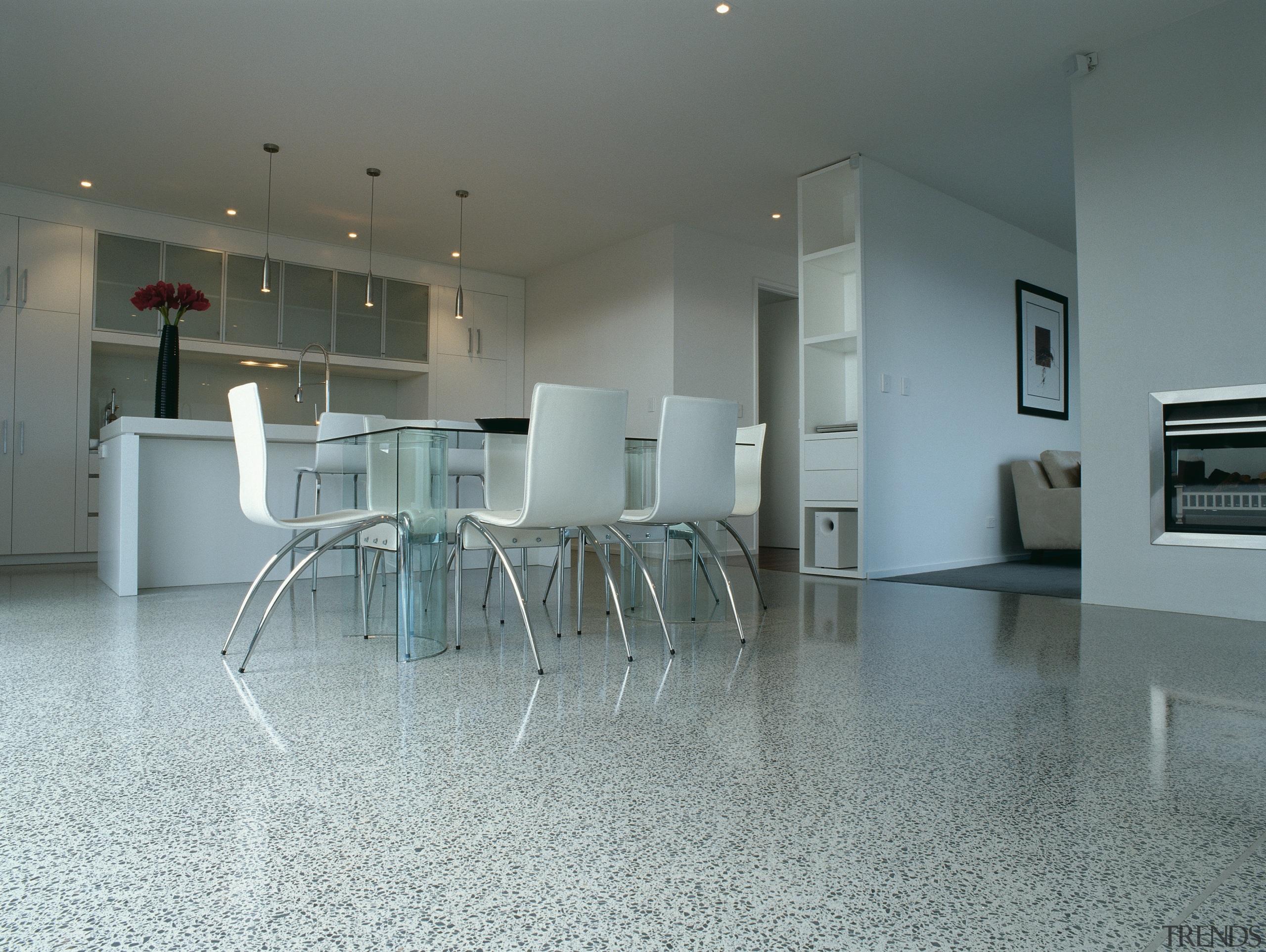 View of the dining area - View of apartment, architecture, floor, flooring, hardwood, interior design, lobby, property, real estate, table, wood flooring, gray