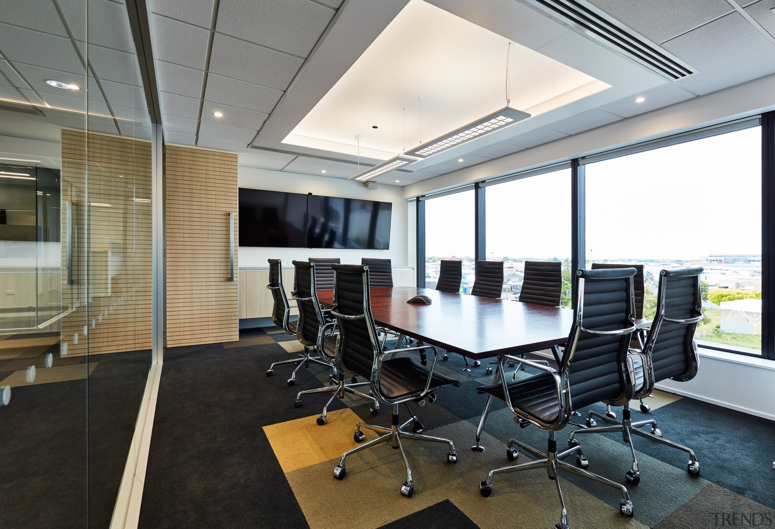 Workstation systems, storage, task and meeting seating were ceiling, conference hall, interior design, office, real estate, gray, black