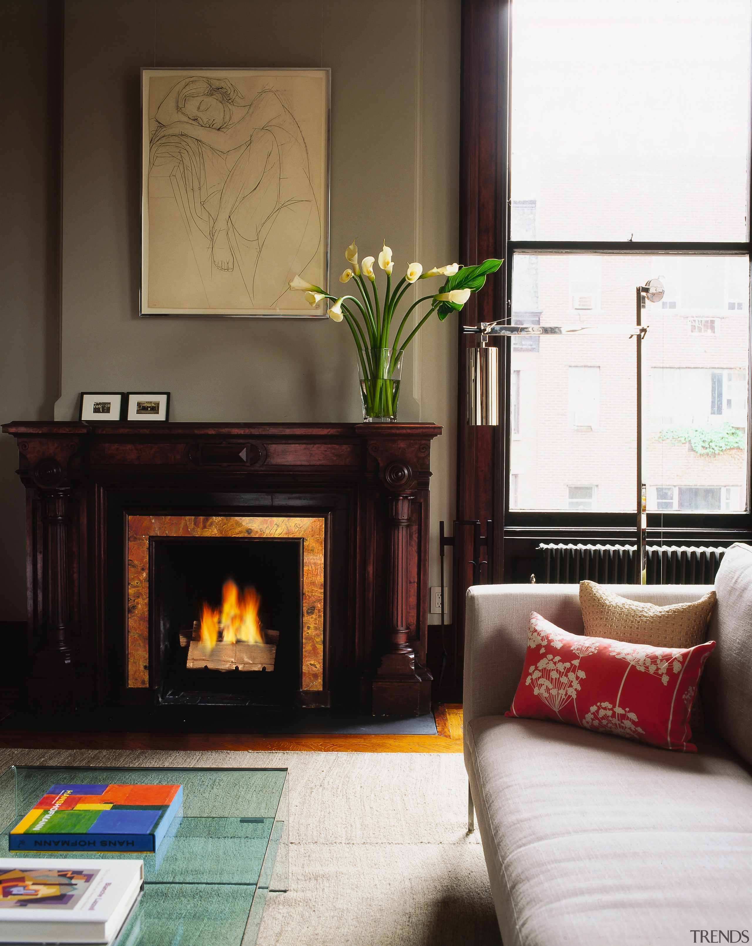 The homes lounge and fireplace. - The homes fireplace, furniture, hearth, home, home appliance, interior design, living room, room, wood burning stove, black, white