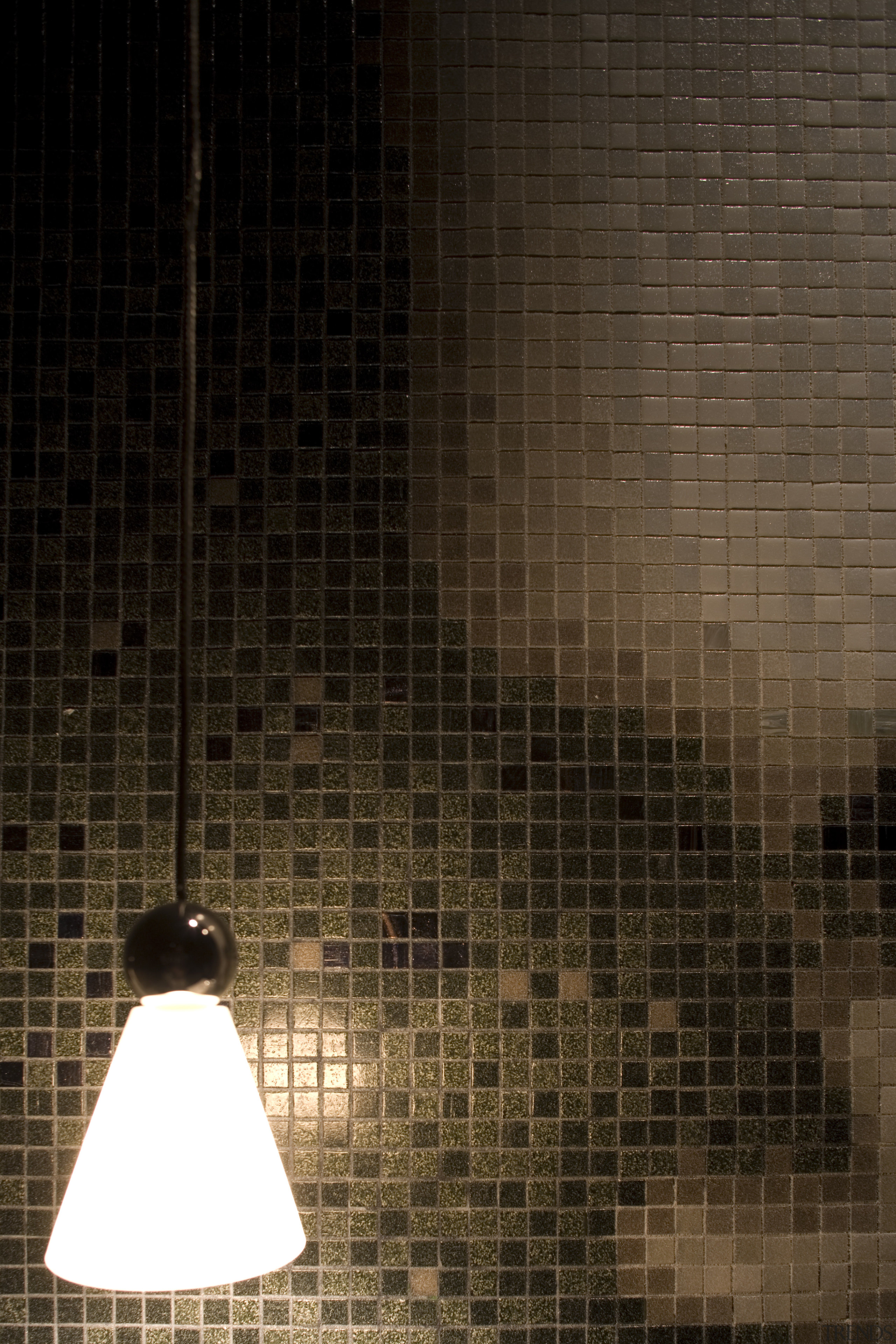 View of a powder room which features a ceiling, floor, flooring, light, light fixture, lighting, tile, wall, brown, black