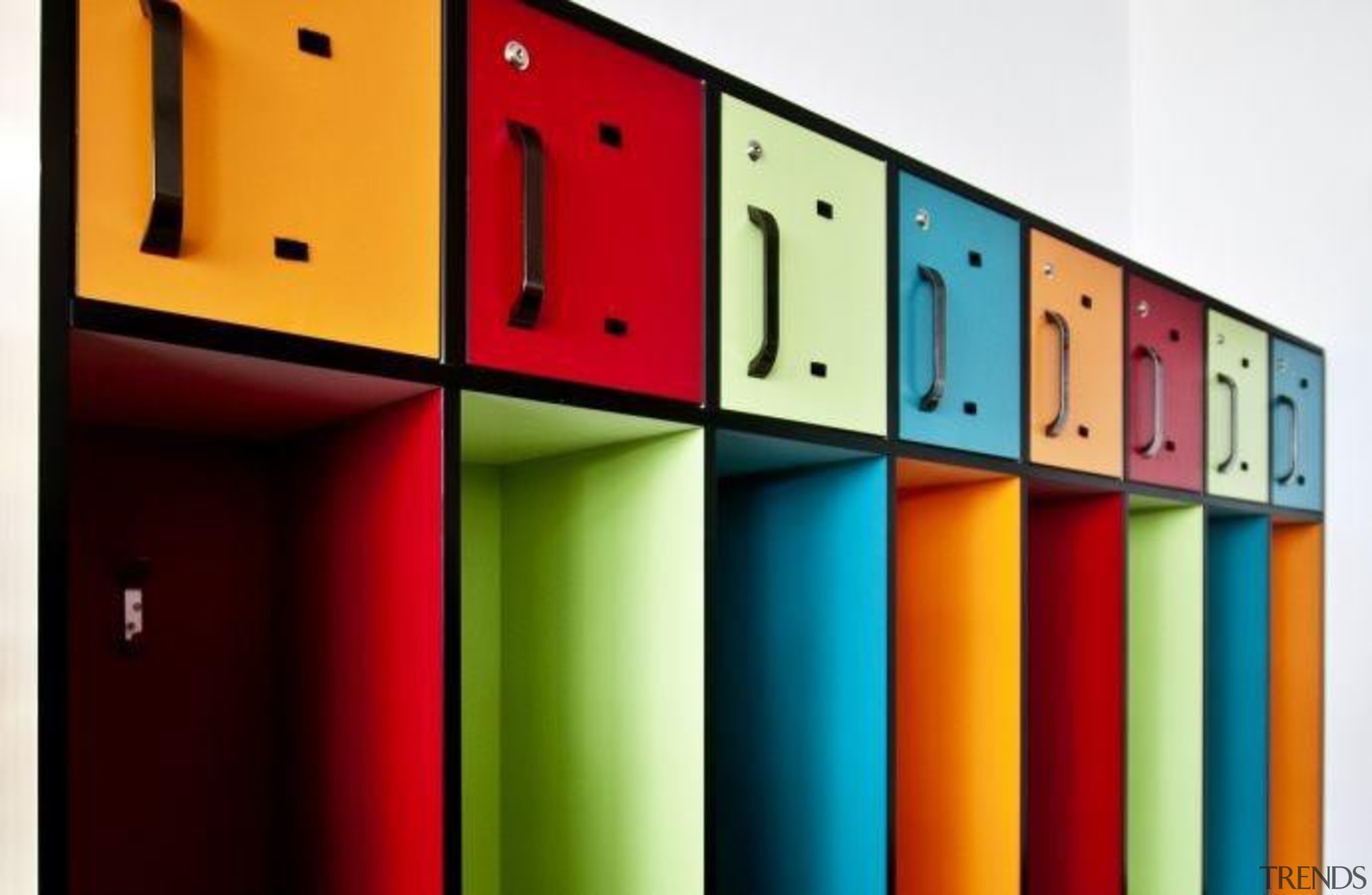 School lockers featuring three colours in Formica Sunflower, product, shelf, shelving, red