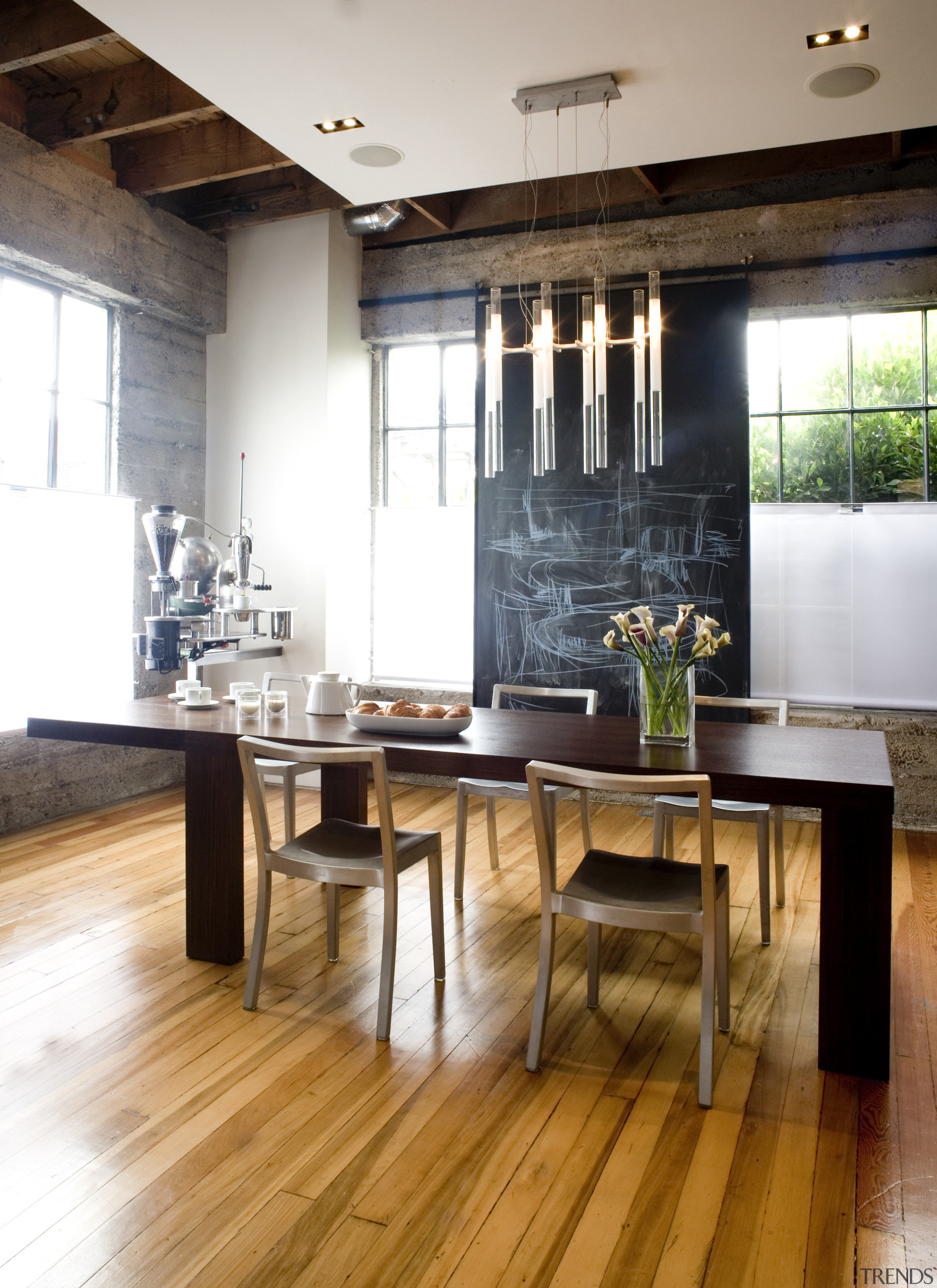 View of dining area which features slender dining chair, dining room, floor, flooring, furniture, hardwood, interior design, laminate flooring, loft, room, table, wood, wood flooring, white