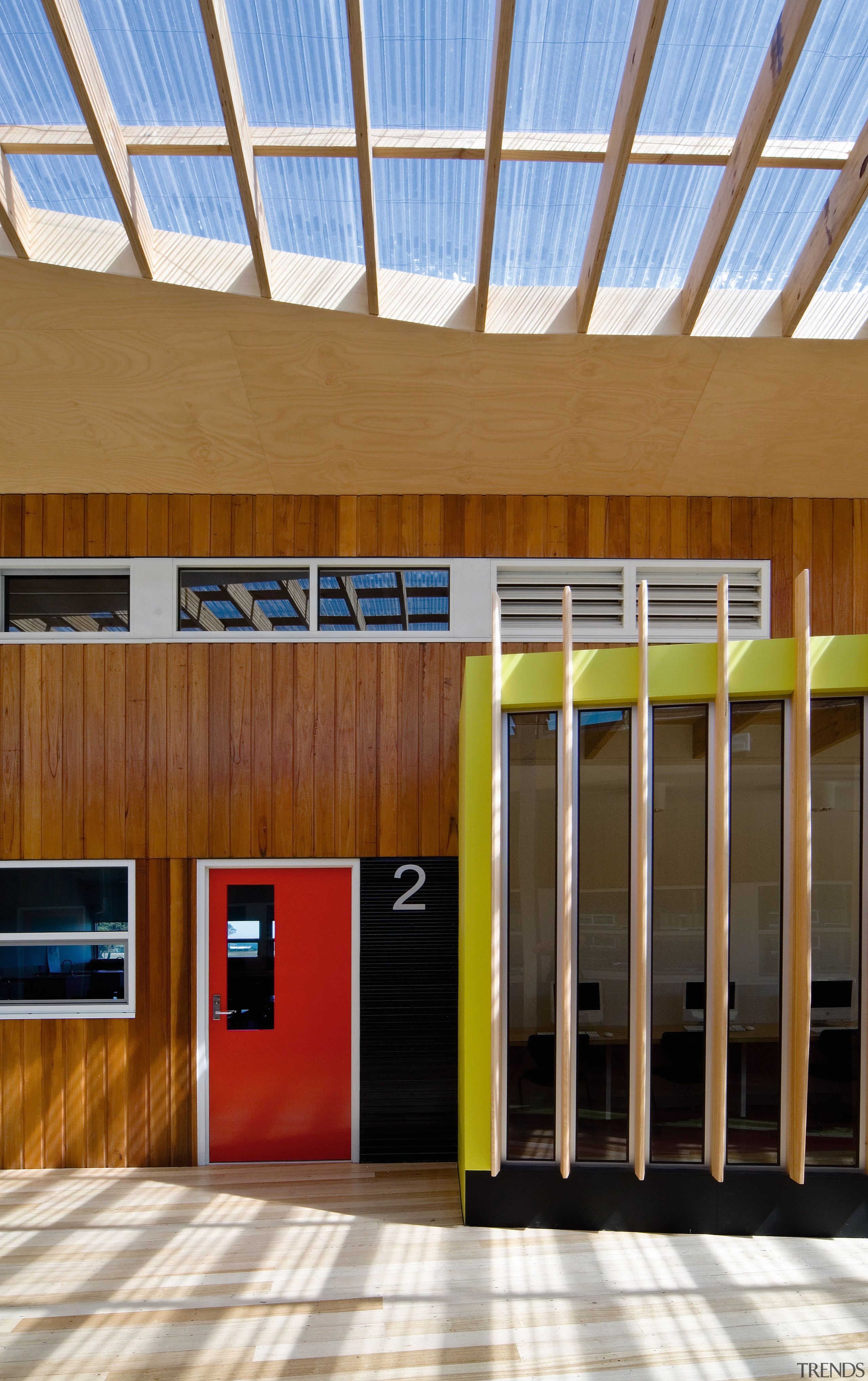 View of Williamstown High School in Melbourne. Designed architecture, ceiling, daylighting, facade, house, interior design, structure, brown