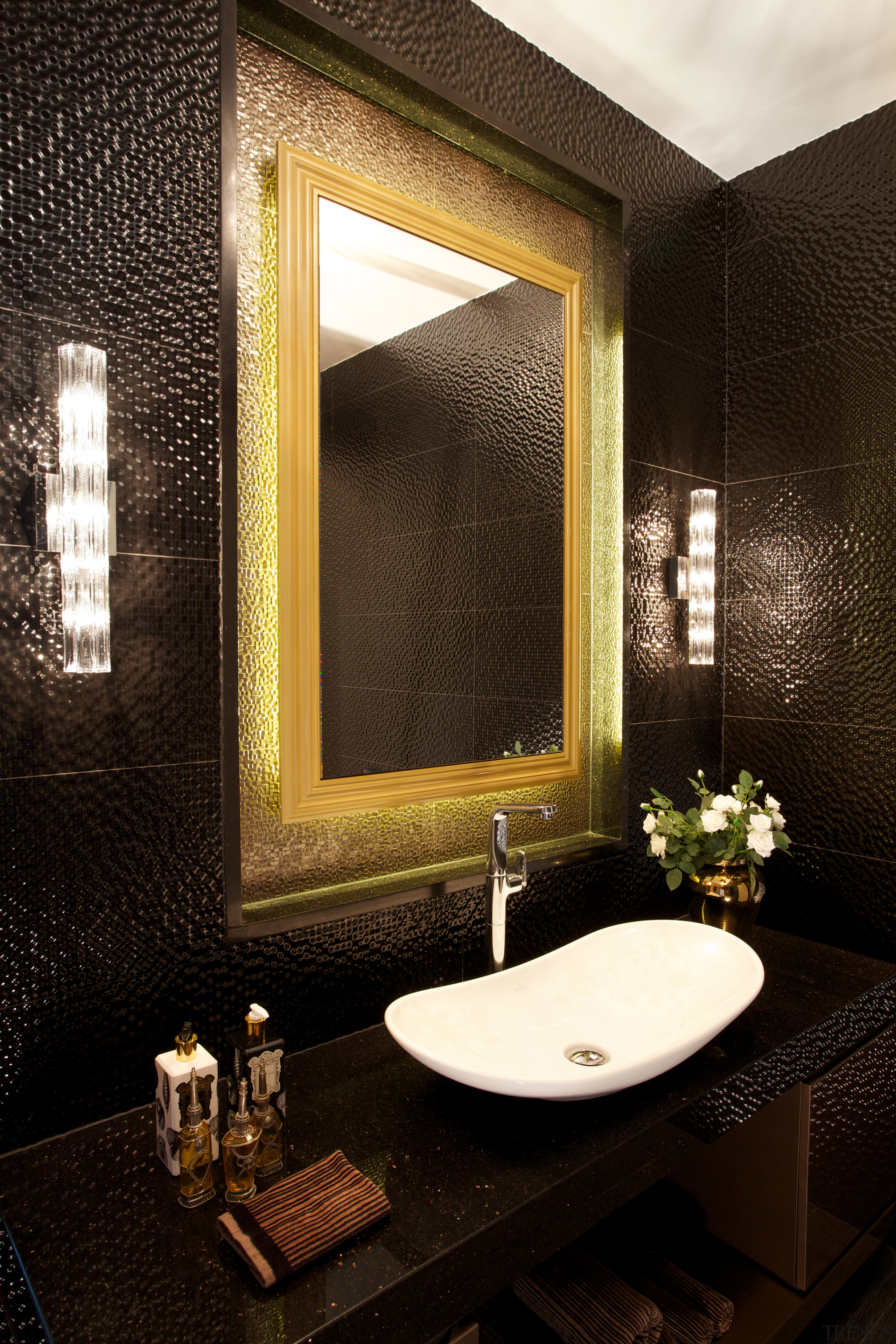 Textural black tiles enhance the glittering look of bathroom, ceiling, interior design, room, wall, window, black