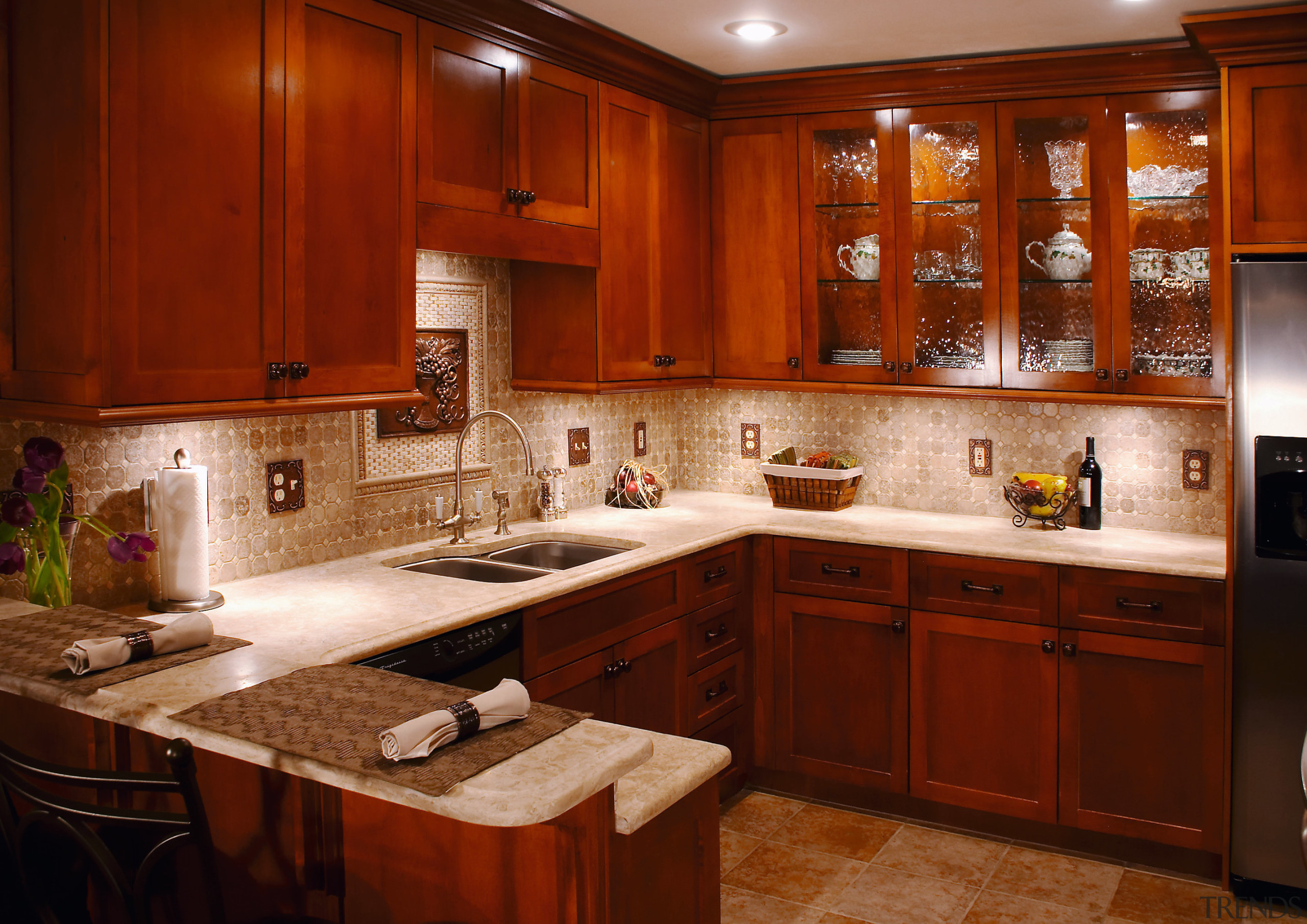 A view of this kitchen featuring solid maple cabinetry, countertop, cuisine classique, interior design, kitchen, room, under cabinet lighting, red