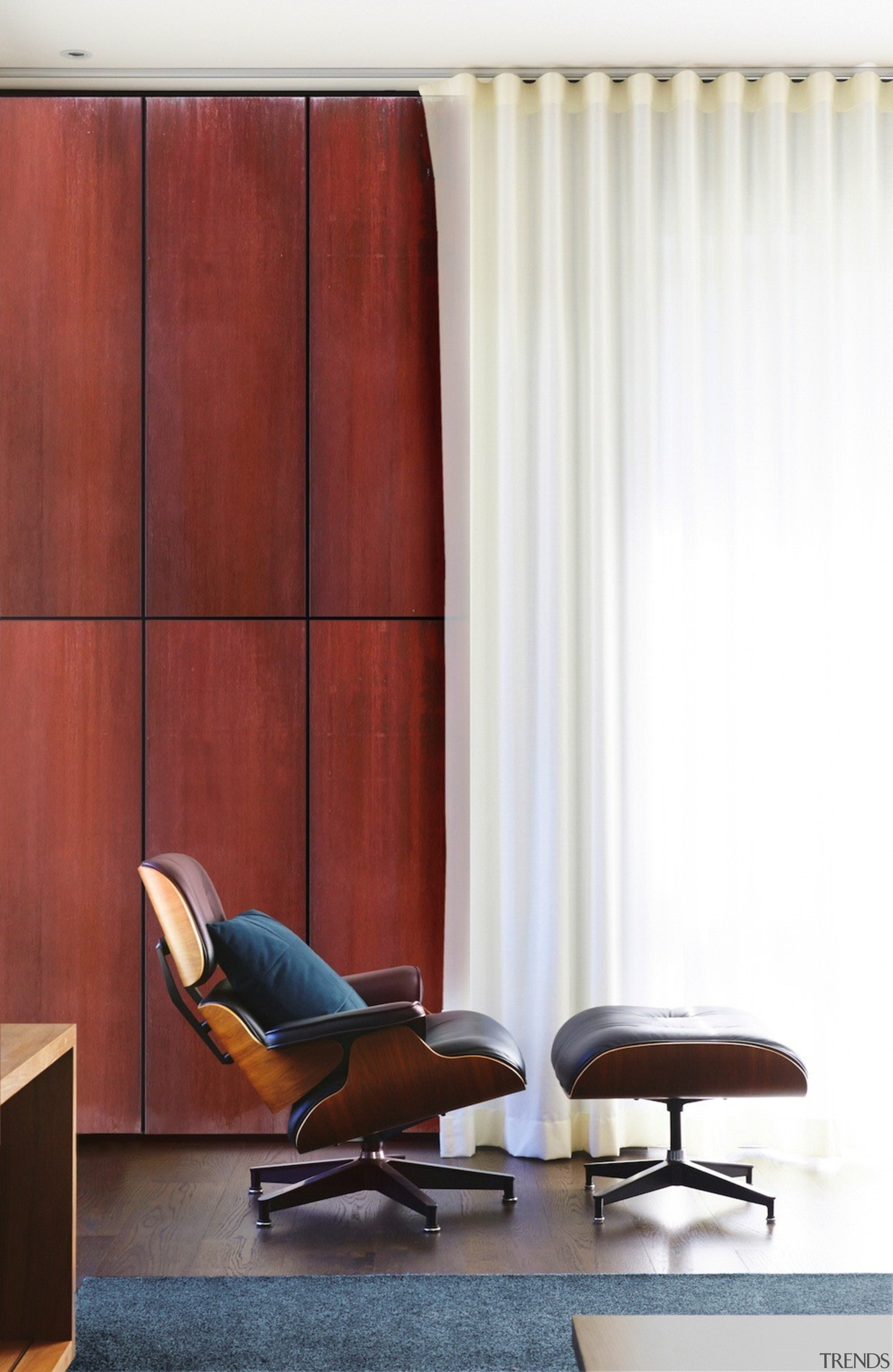 By using weathering steel in the living room, chair, curtain, floor, furniture, interior design, product design, table, wall, window covering, window treatment, wood, white, red