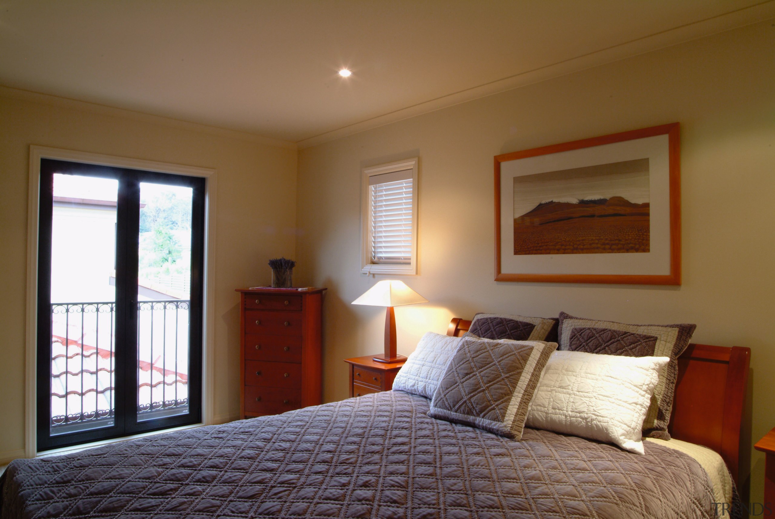 view of this master bedroom that features a bed, bed frame, bedroom, ceiling, estate, home, house, interior design, property, real estate, room, wall, window, wood, brown