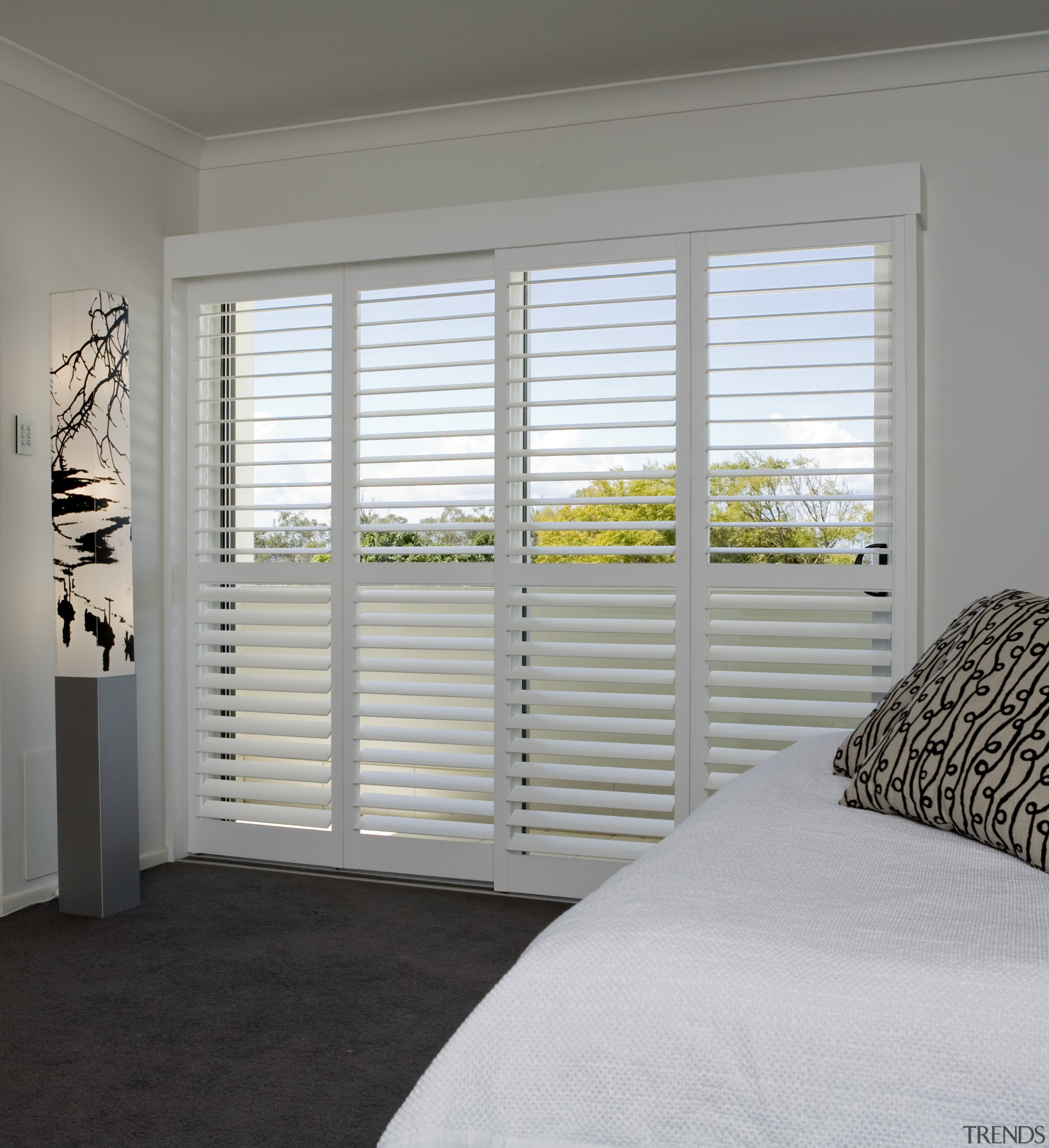 Harrisons Blinds &amp; Shutters - Harrisons Blinds & bed frame, bedroom, curtain, daylighting, door, floor, home, house, interior design, real estate, room, sash window, shade, wall, window, window blind, window covering, window treatment, wood, gray