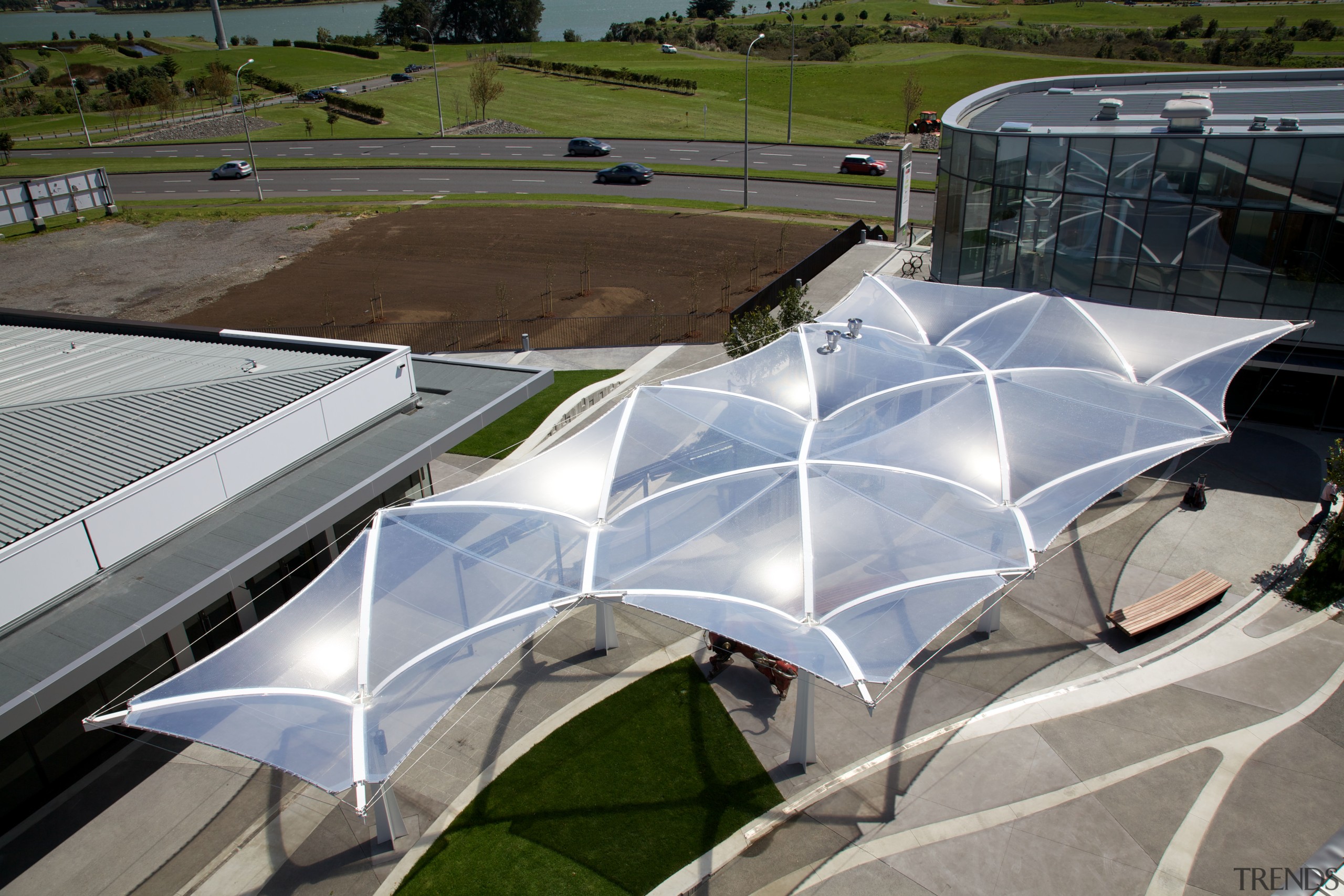 The soaring roof of the Kauwi Interpretive Centre architecture, roof, structure, gray