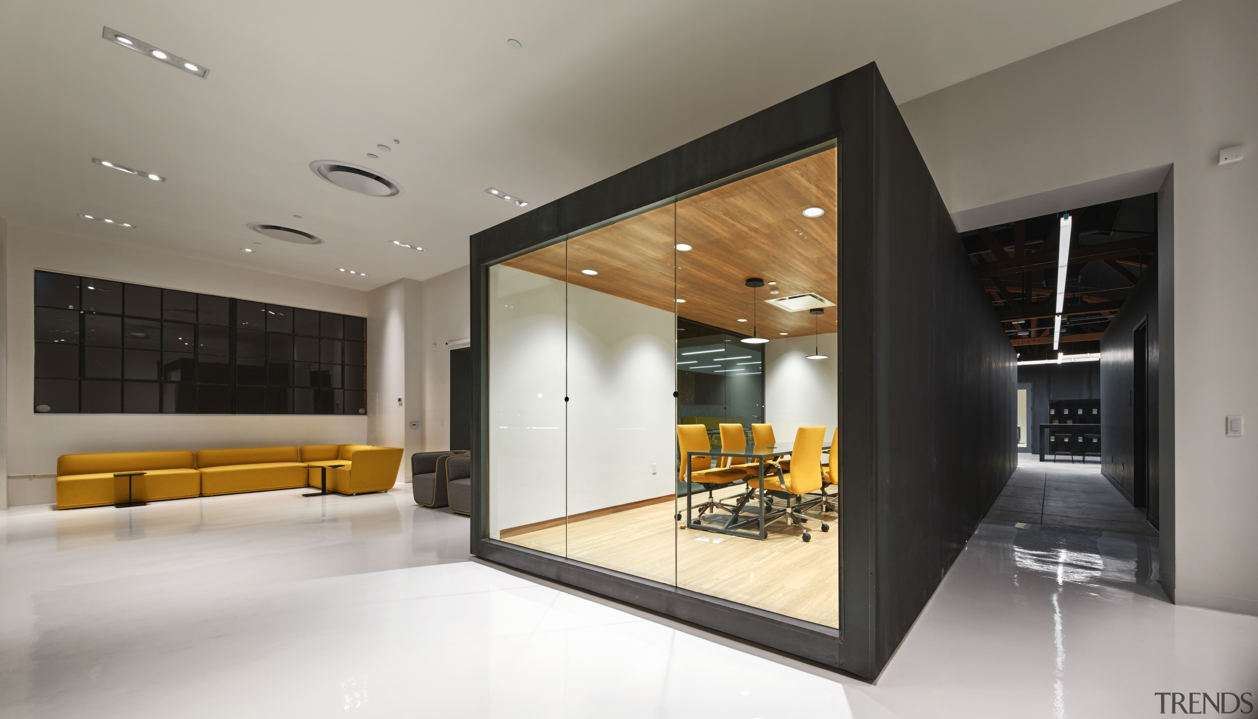 The box-like conference room at Supplyframe DesignLab protrudes architecture, ceiling, house, interior design, lobby, real estate, gray
