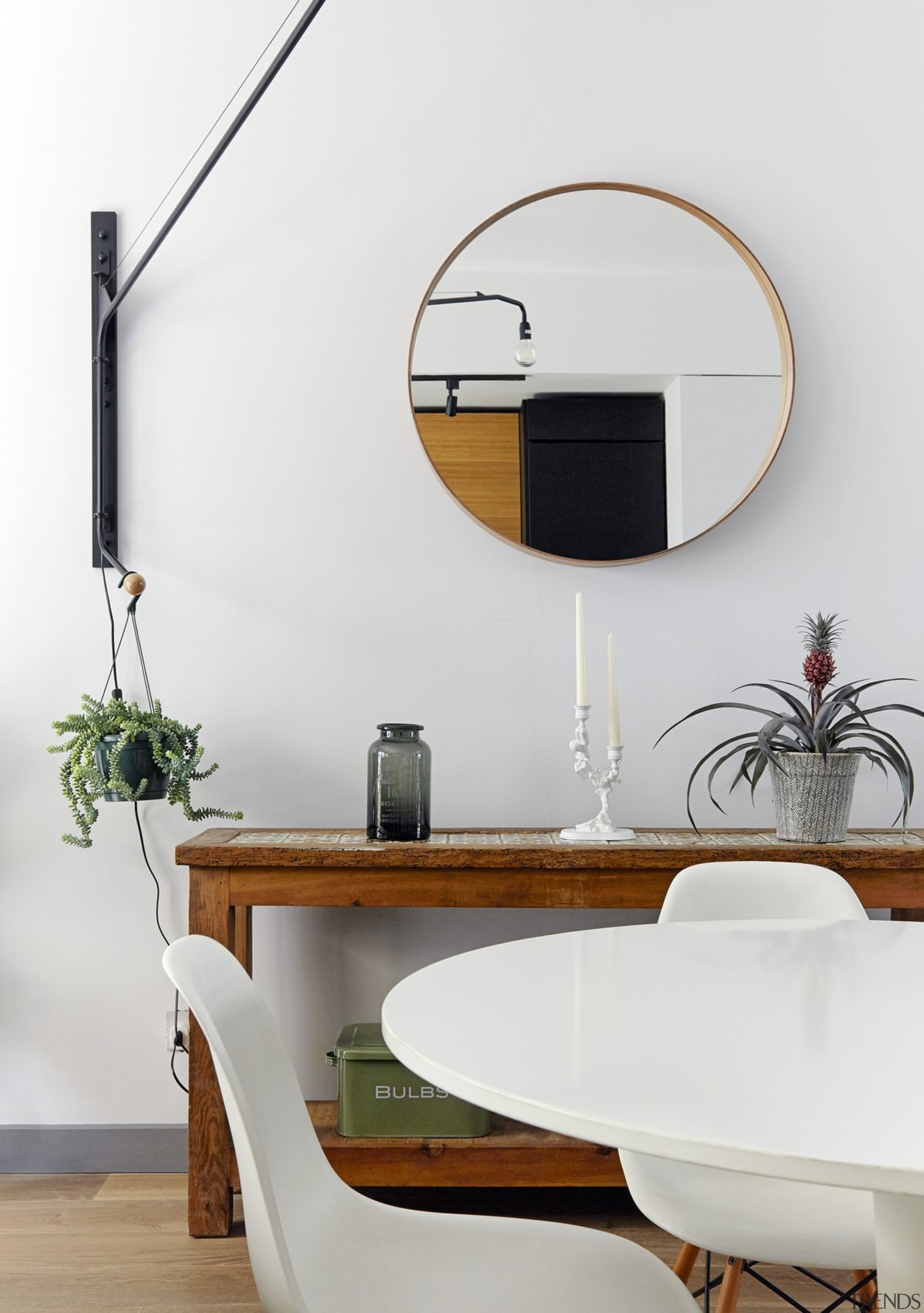 A circular mirror is certainly a contemporary choice furniture, interior design, product design, table, tap, wall, white