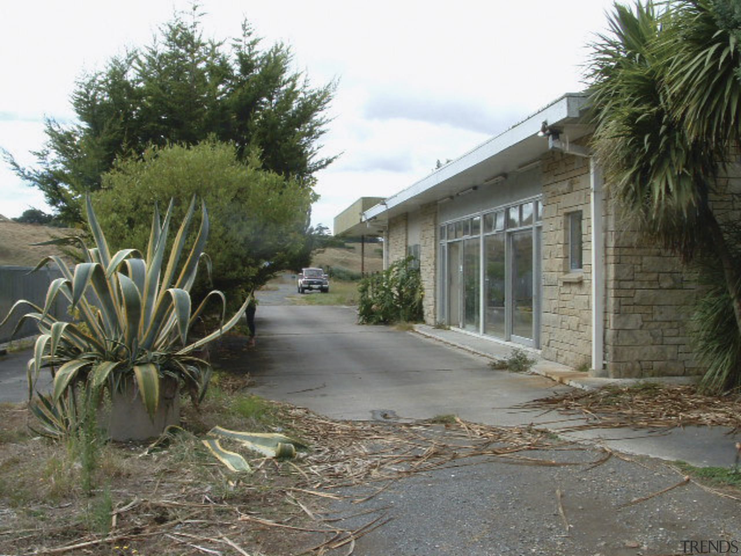 An exterior view of the home before it agave, arecales, cottage, home, house, landscape, palm tree, plant, property, real estate, tree, gray, brown