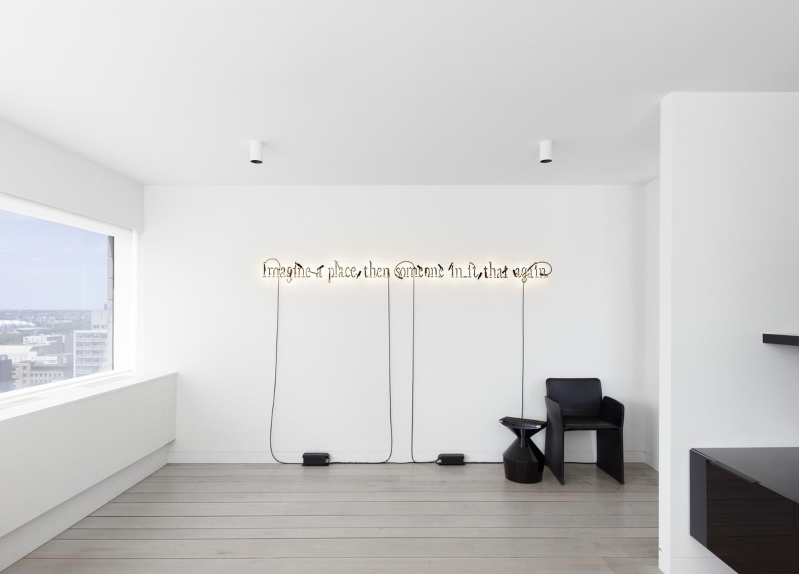 An expansive window fills this open space with floor, interior design, product design, white