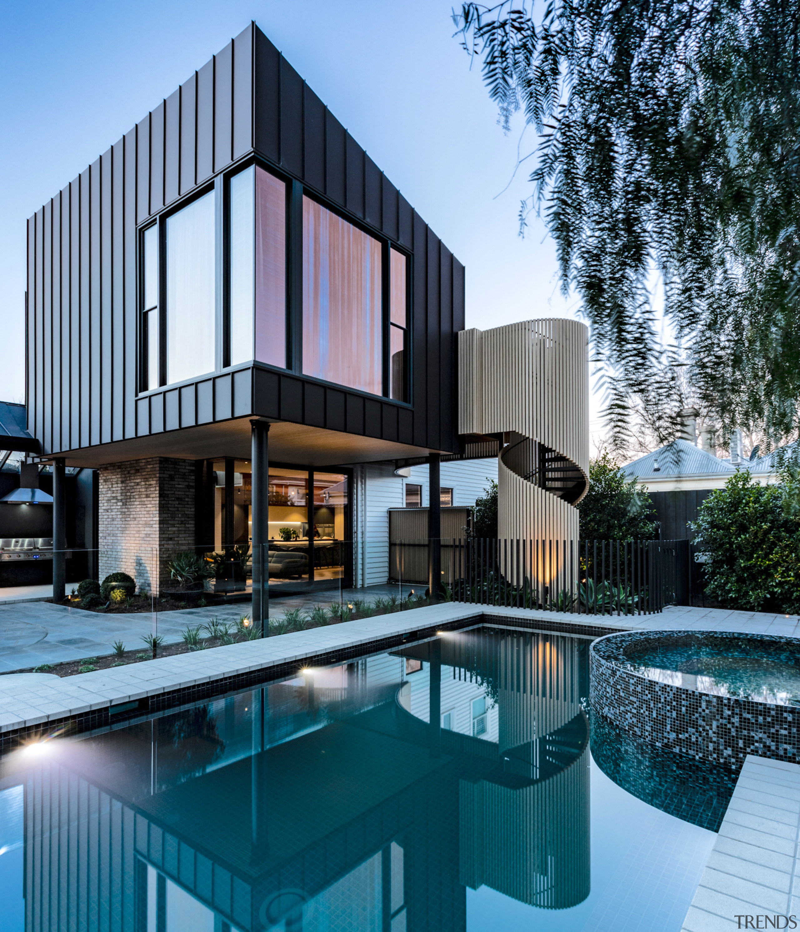 Pool, spa, sculptural staircase and contemporary accompanying residence. 