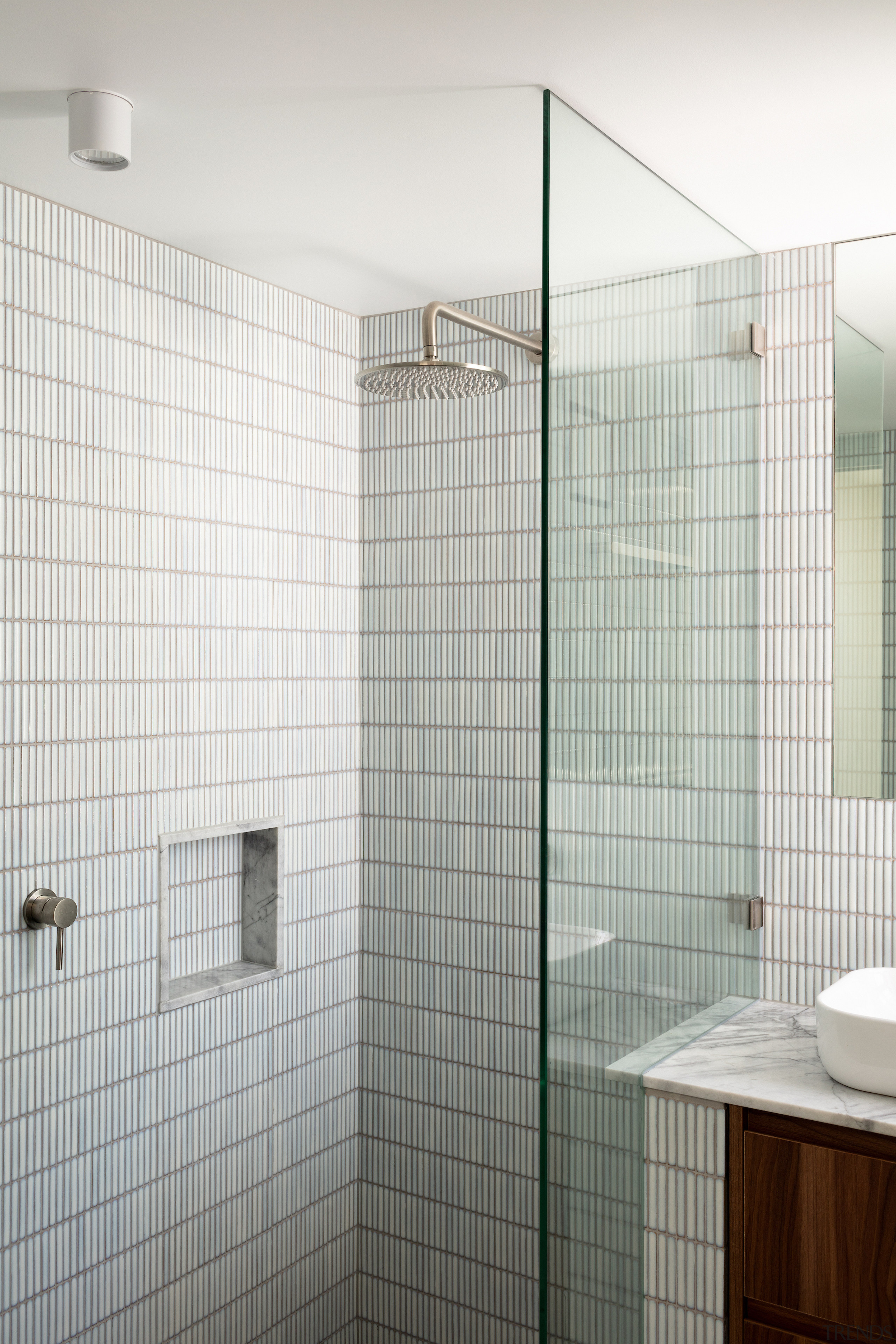 A simple, slender glass blade wall separates shower 