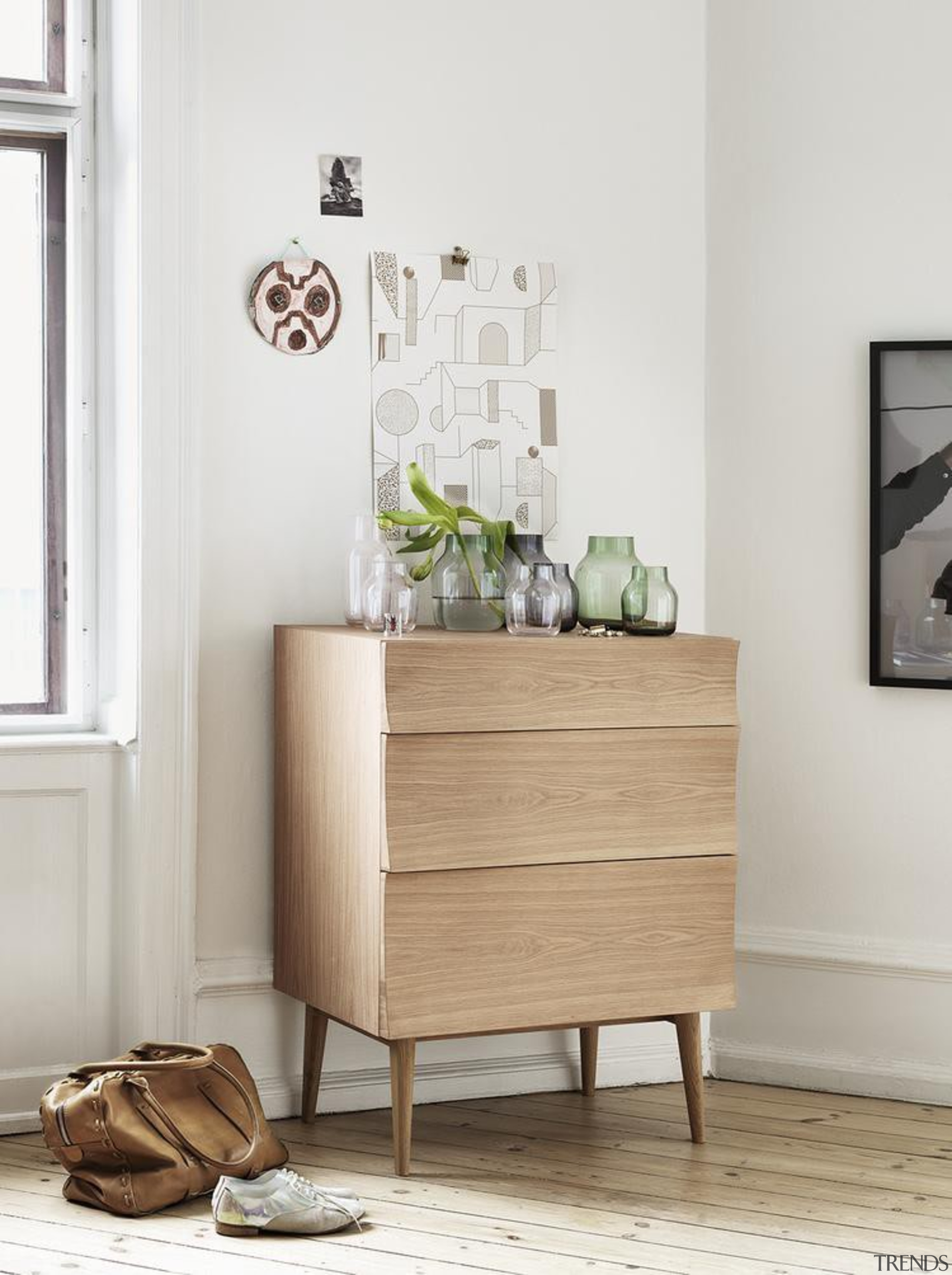 Designed by Scandinavian design company Soren Rose Studio, chest of drawers, drawer, furniture, home, interior design, nightstand, product, shelf, sideboard, table, white