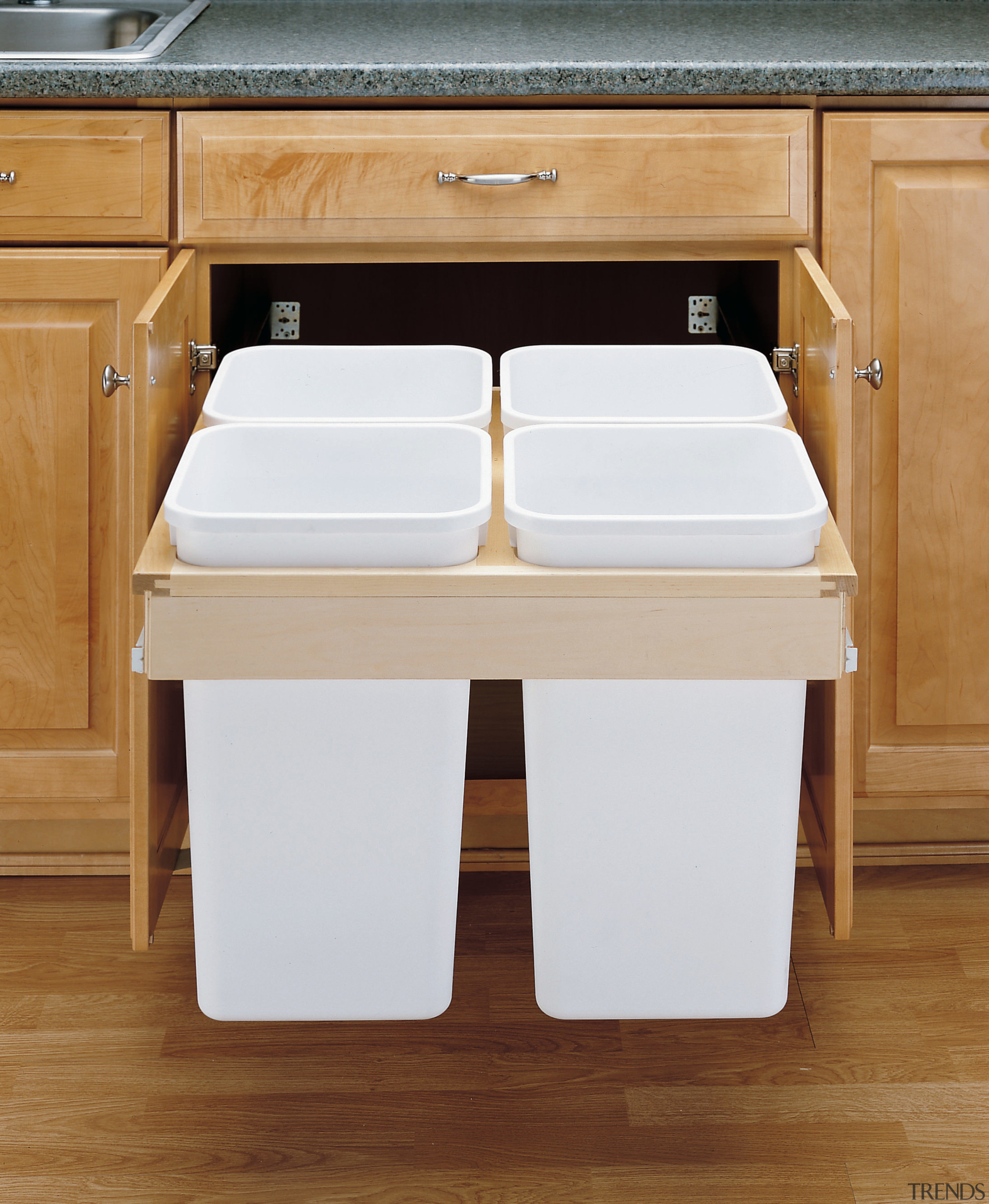 The waste disposal solution from Rev-a-shelf cabinet accessories cabinetry, countertop, drawer, floor, furniture, hardwood, product, product design, table, wood stain, brown, white