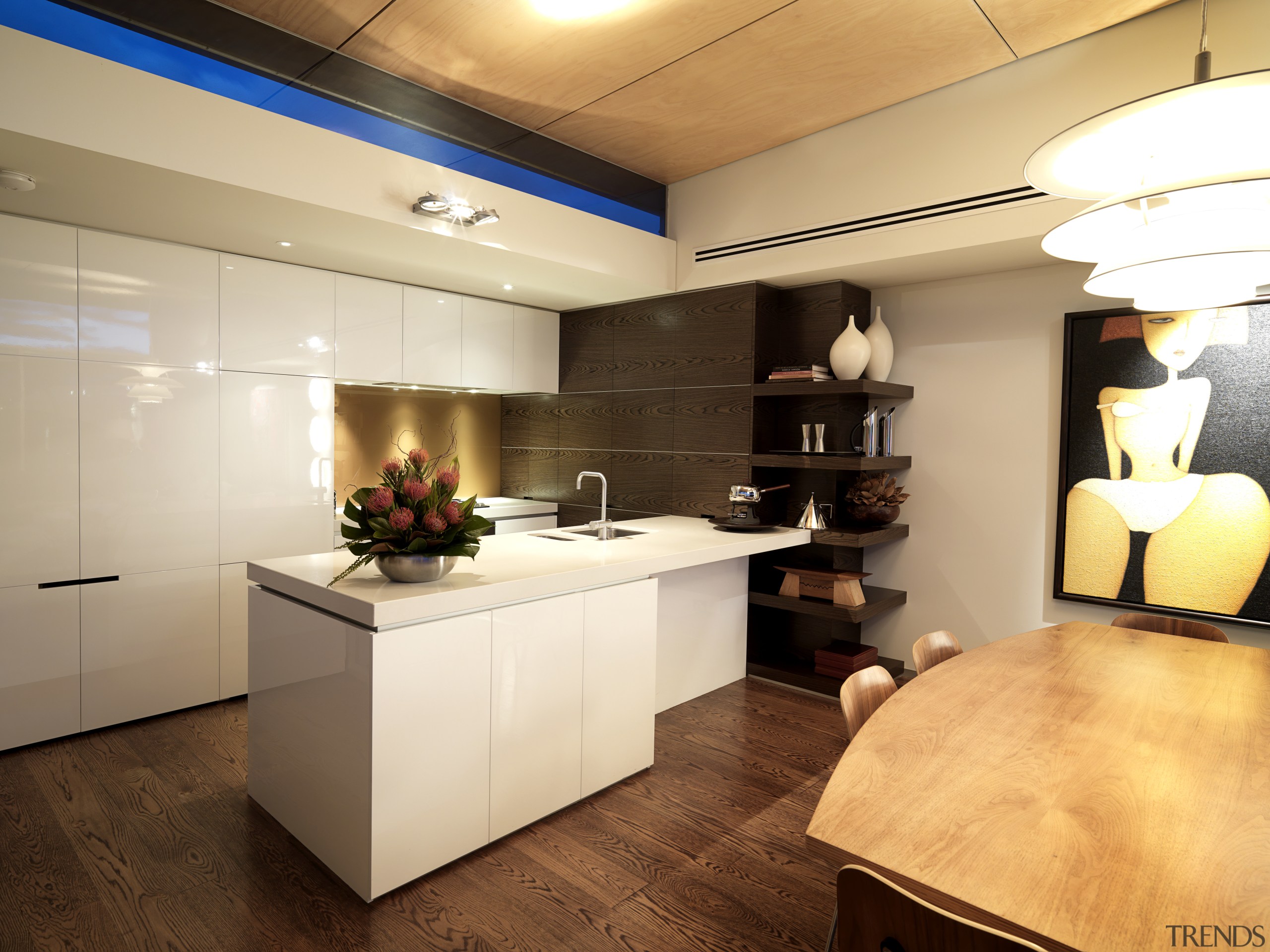 View of kitchen designed by Nicholas Murray featuring ceiling, countertop, interior design, kitchen, real estate, room, orange, brown