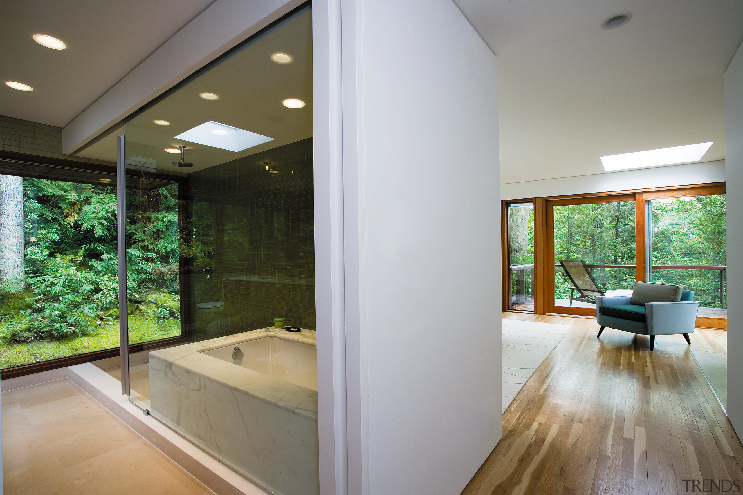 View of the bathrom featuring recessed bath, floor architecture, ceiling, daylighting, estate, floor, flooring, home, house, interior design, real estate, wall, window, wood flooring, gray