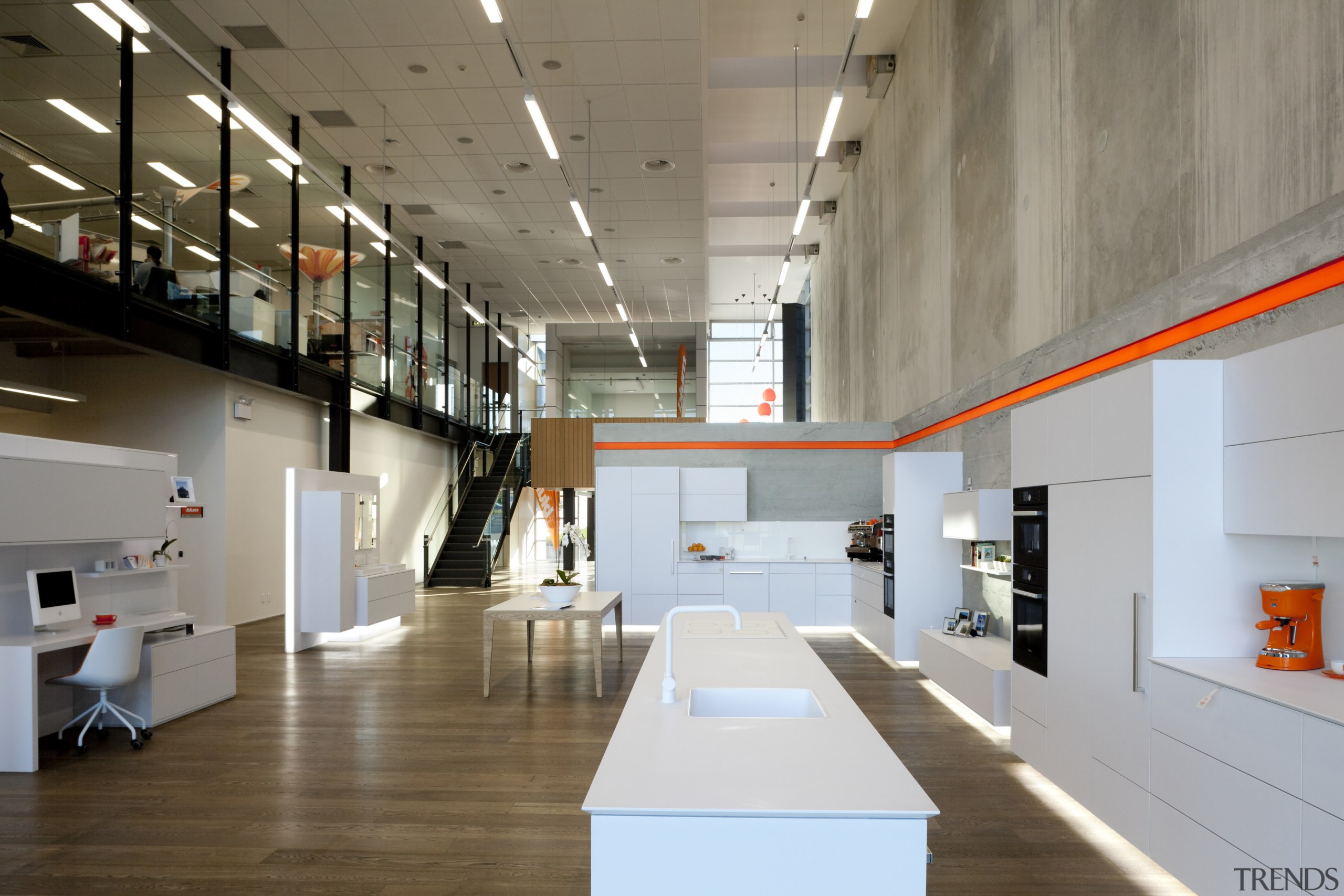 Interior with display kitchen with white cupboards and architecture, ceiling, exhibition, interior design, gray, brown