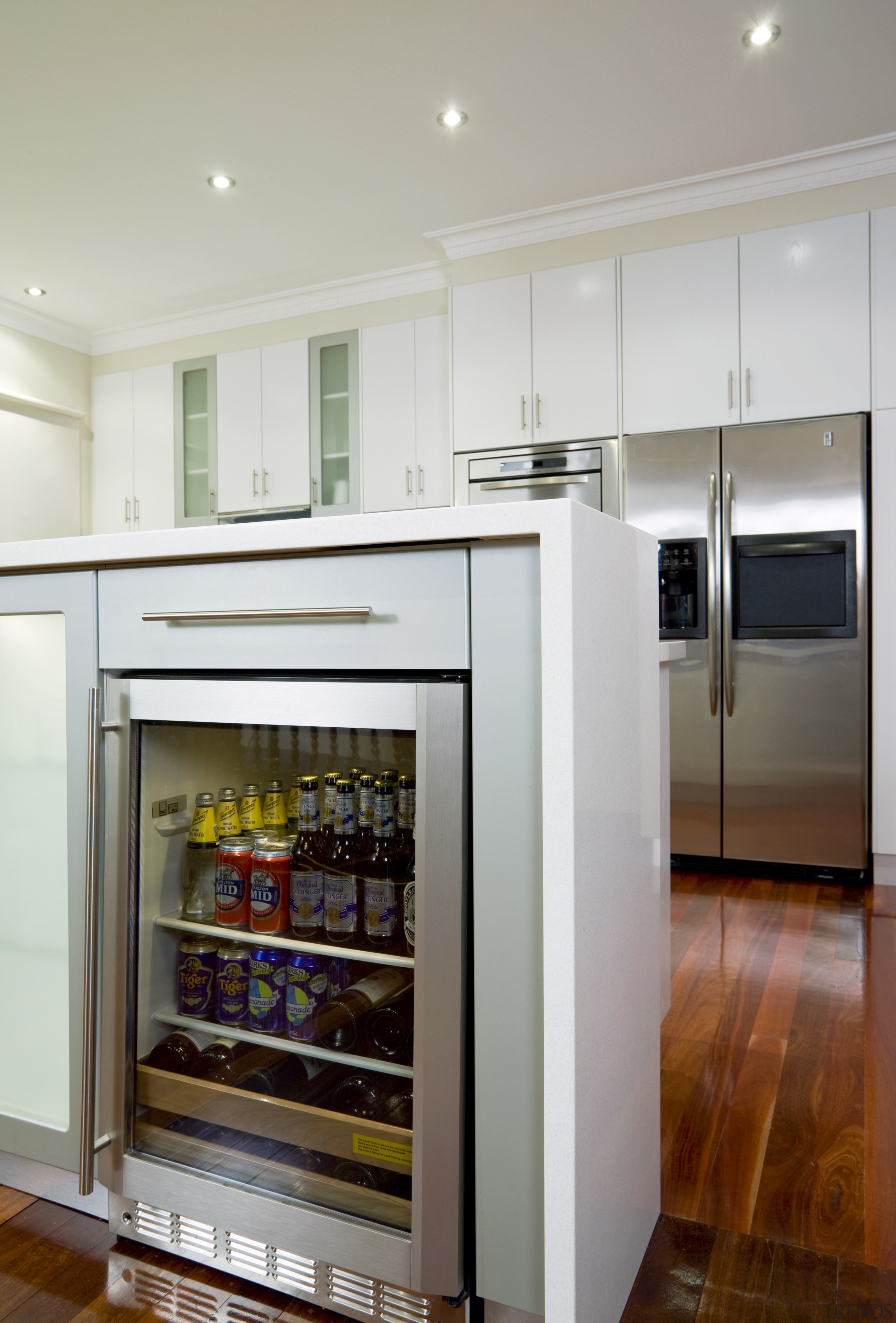 The Kleenamid Beverage centre stores all liquid refreshments. cabinetry, countertop, home appliance, interior design, kitchen, major appliance, refrigerator, room, gray, white