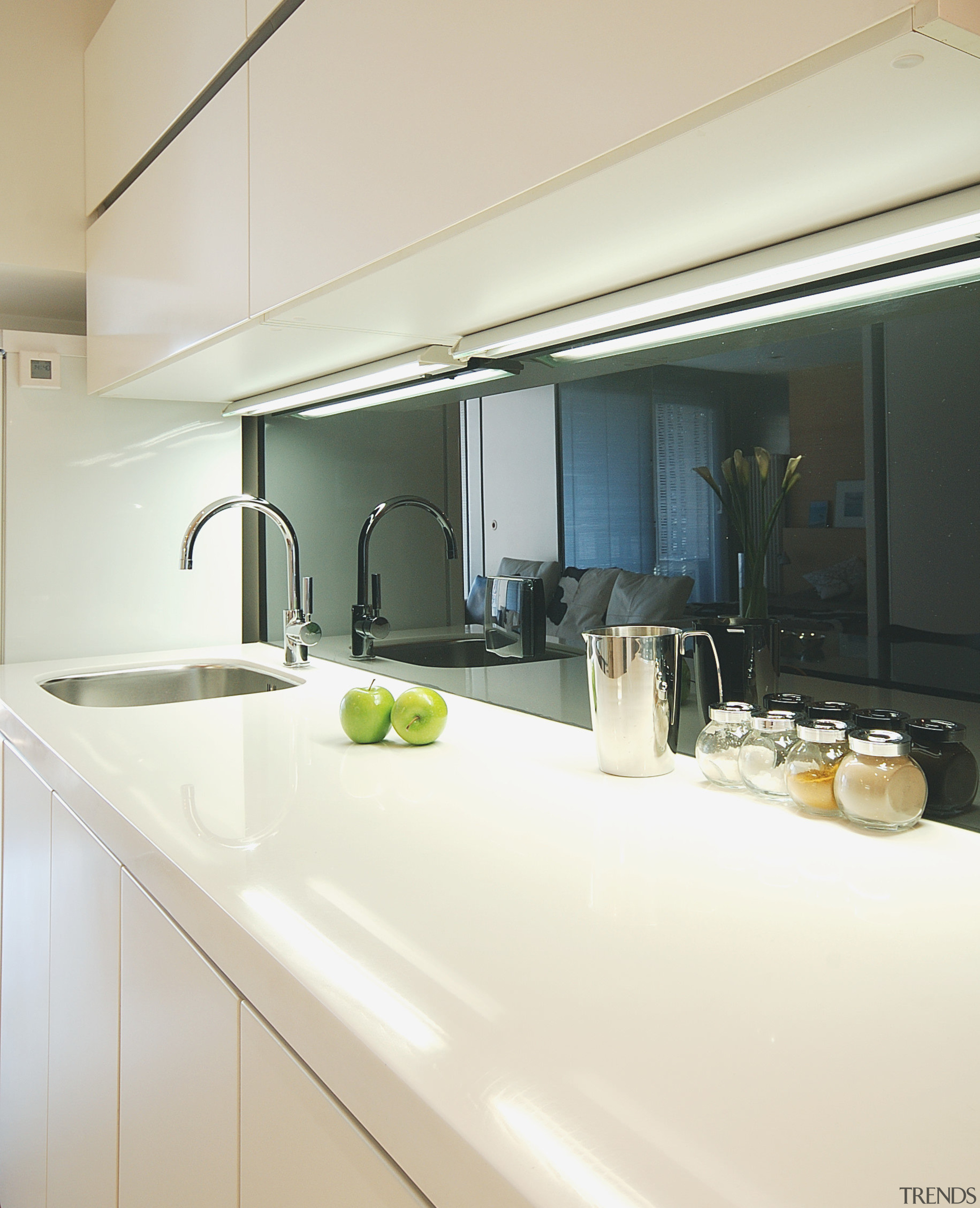 image of kitchen area which features white lacquered countertop, interior design, kitchen, sink, white