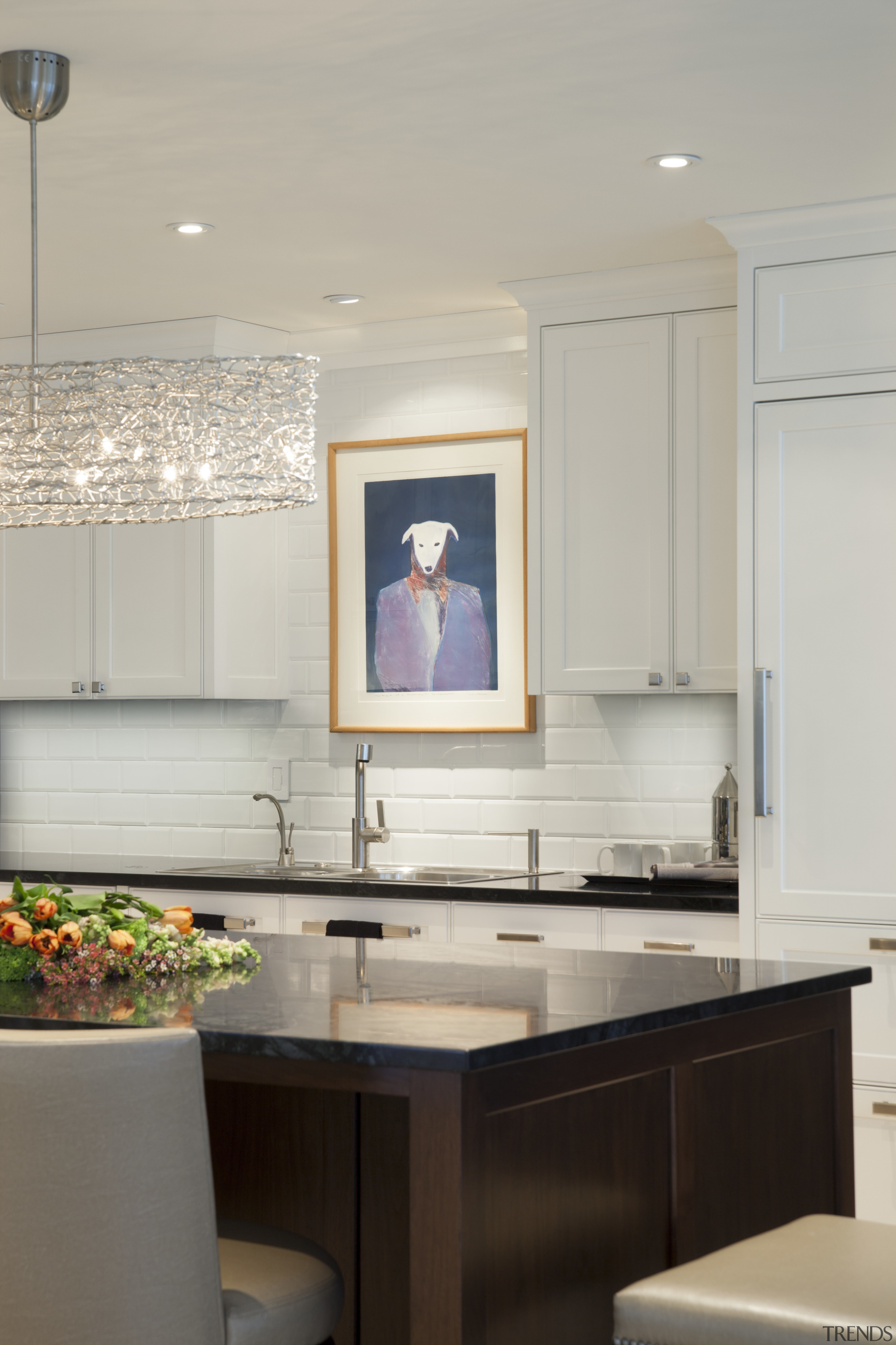 Paneled kitchen with canoe chandelier, subway tile backsplash, cabinetry, countertop, home, interior design, kitchen, room, sink, gray