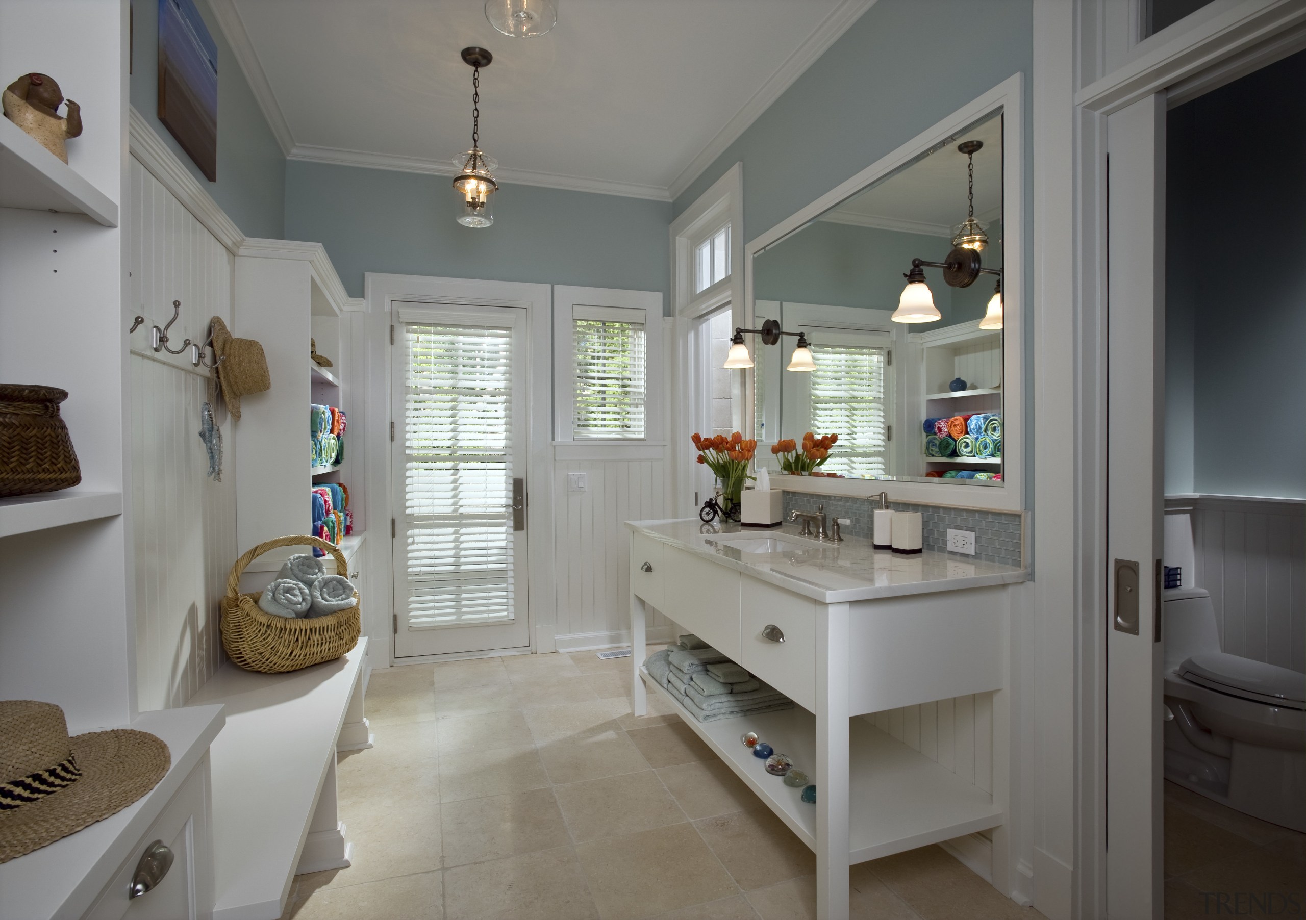 View of kitchen with white toned cabinetry and countertop, floor, home, interior design, kitchen, real estate, room, gray