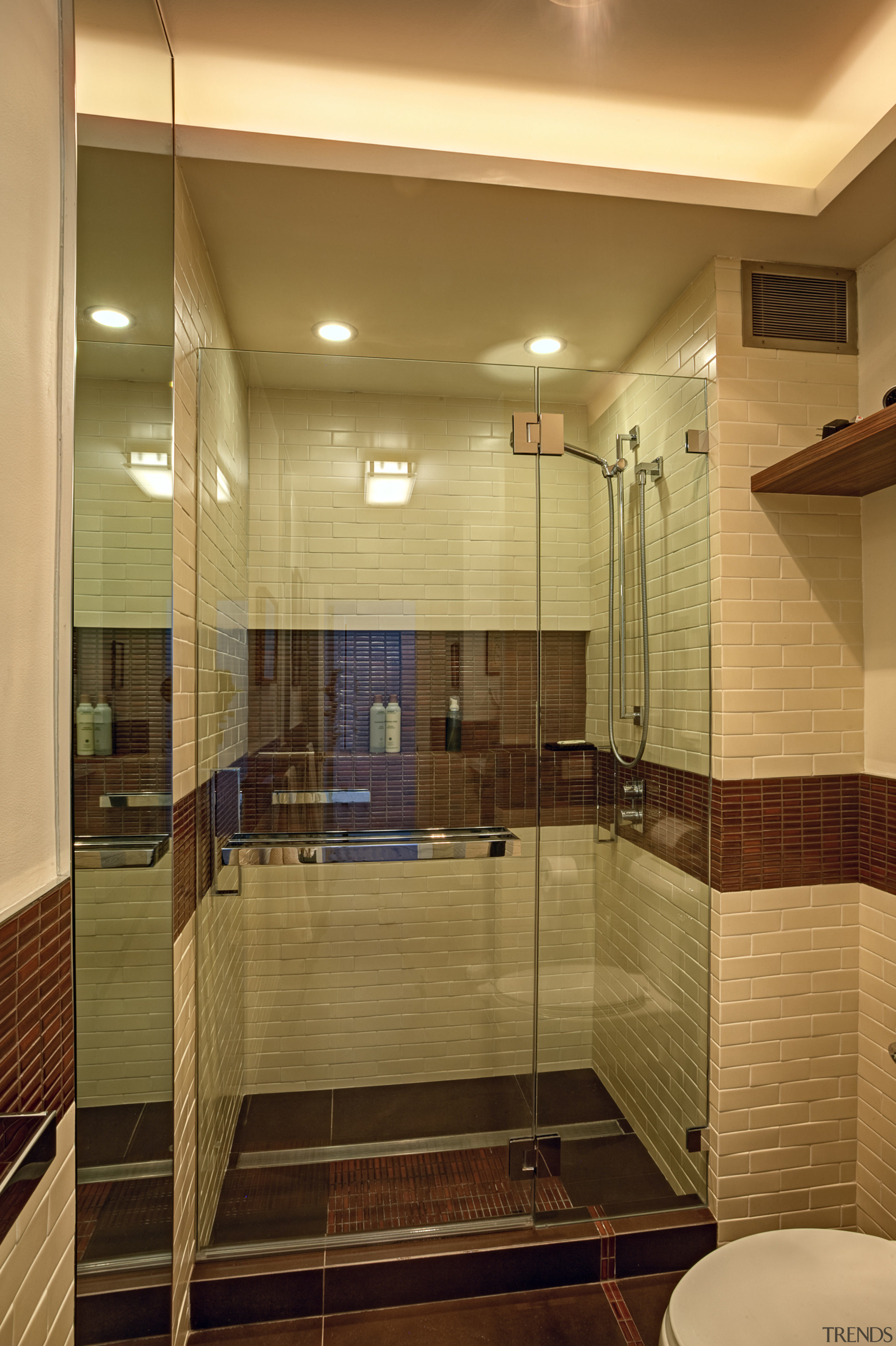 Craftsman-style tilework creates visual interest in this wheelchair-friendly architecture, bathroom, ceiling, estate, floor, flooring, glass, home, interior design, room, tile, wood, brown, orange