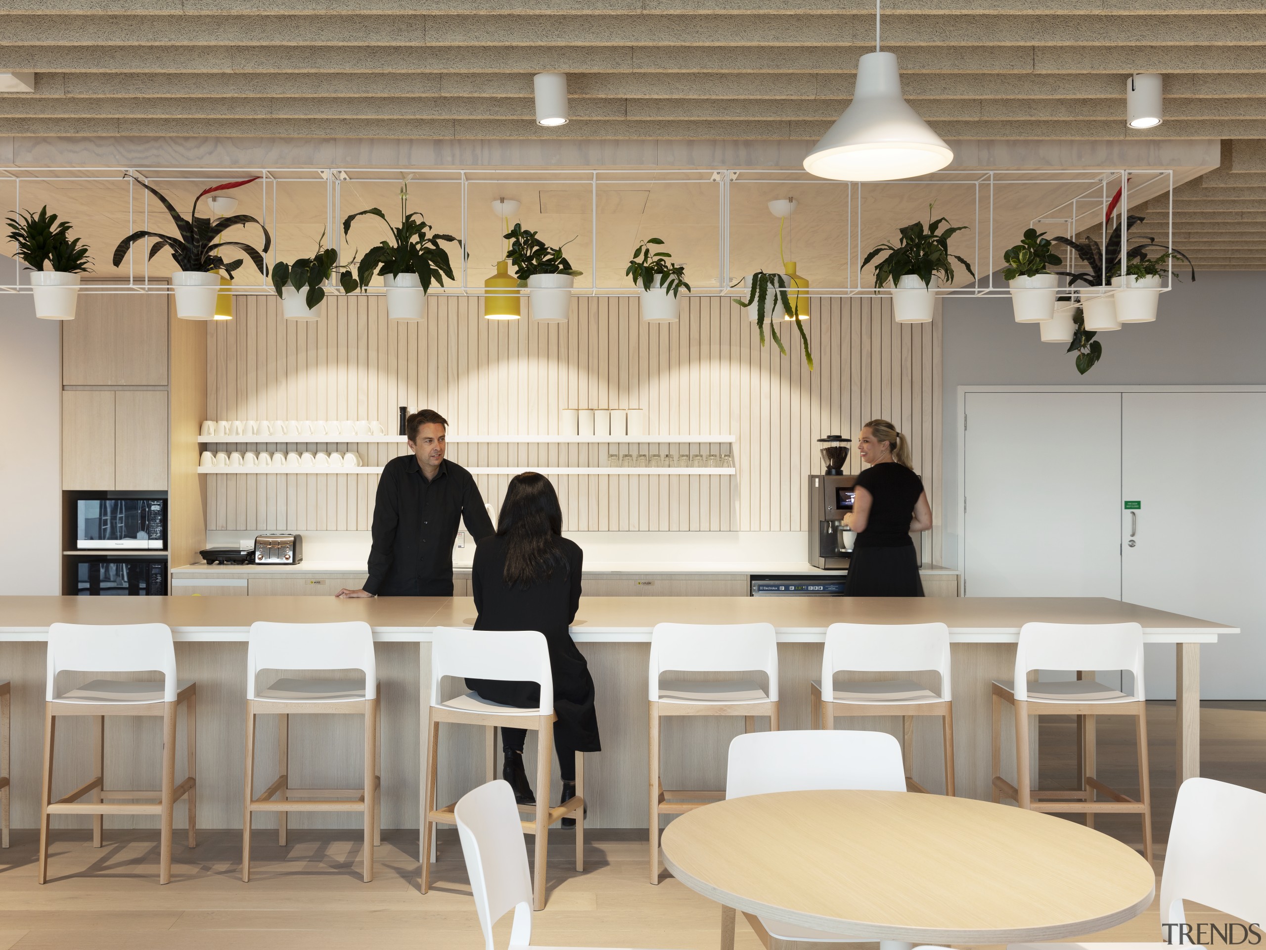 The Mercury fit-out's cafe-style kitchen has views to Mercury, Warren and Mahoney,  design, dining room, furniture, interior design, lighting, restaurant, wallpaper, gray