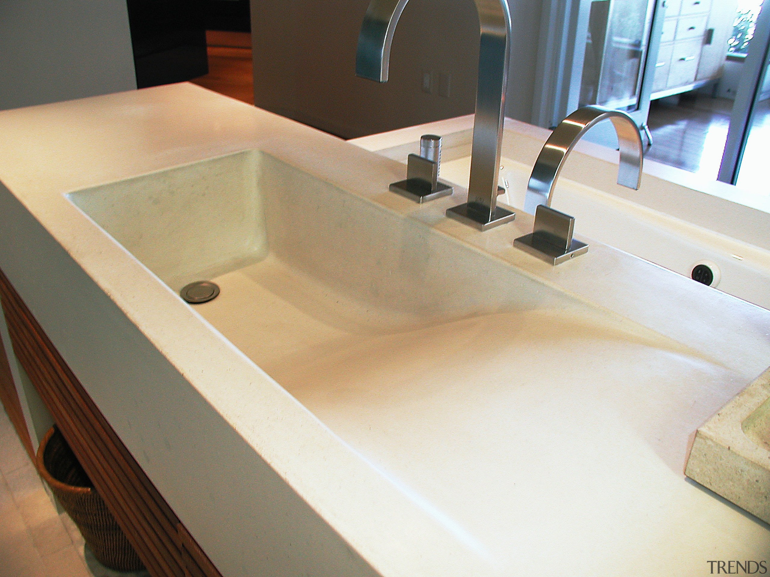 view of this contemporary concrete sink from Dex bathroom, bathroom sink, countertop, floor, plumbing fixture, product design, sink, tap, white