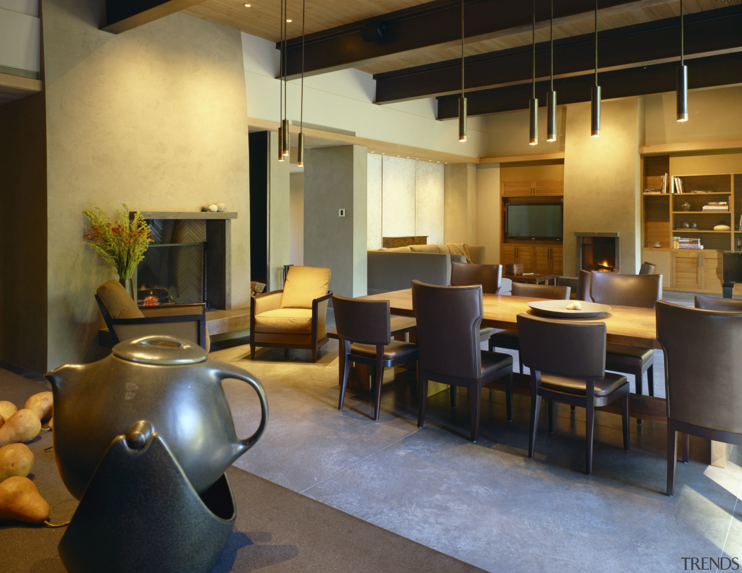 Image of the lounge, dining and kitchen. All furniture, interior design, lobby, table, black