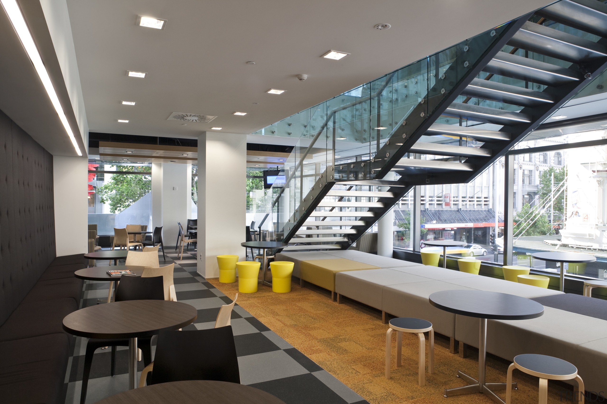 The offices of BNZ feature a combination of architecture, daylighting, interior design, gray, black