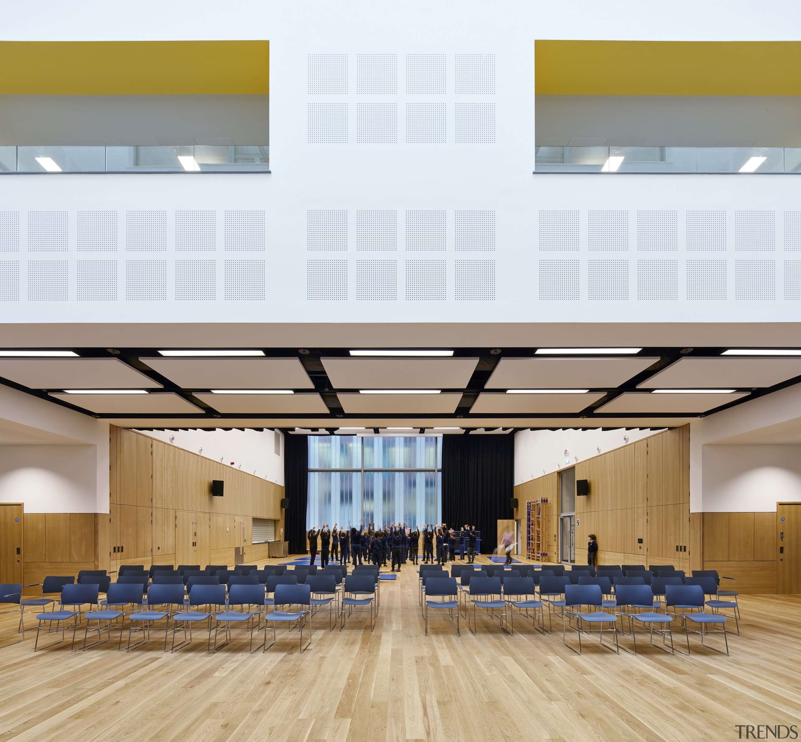 A retractable partition separating the two dynamic hall architecture, auditorium, ceiling, classroom, conference hall, daylighting, function hall, interior design, leisure centre, line, structure, white