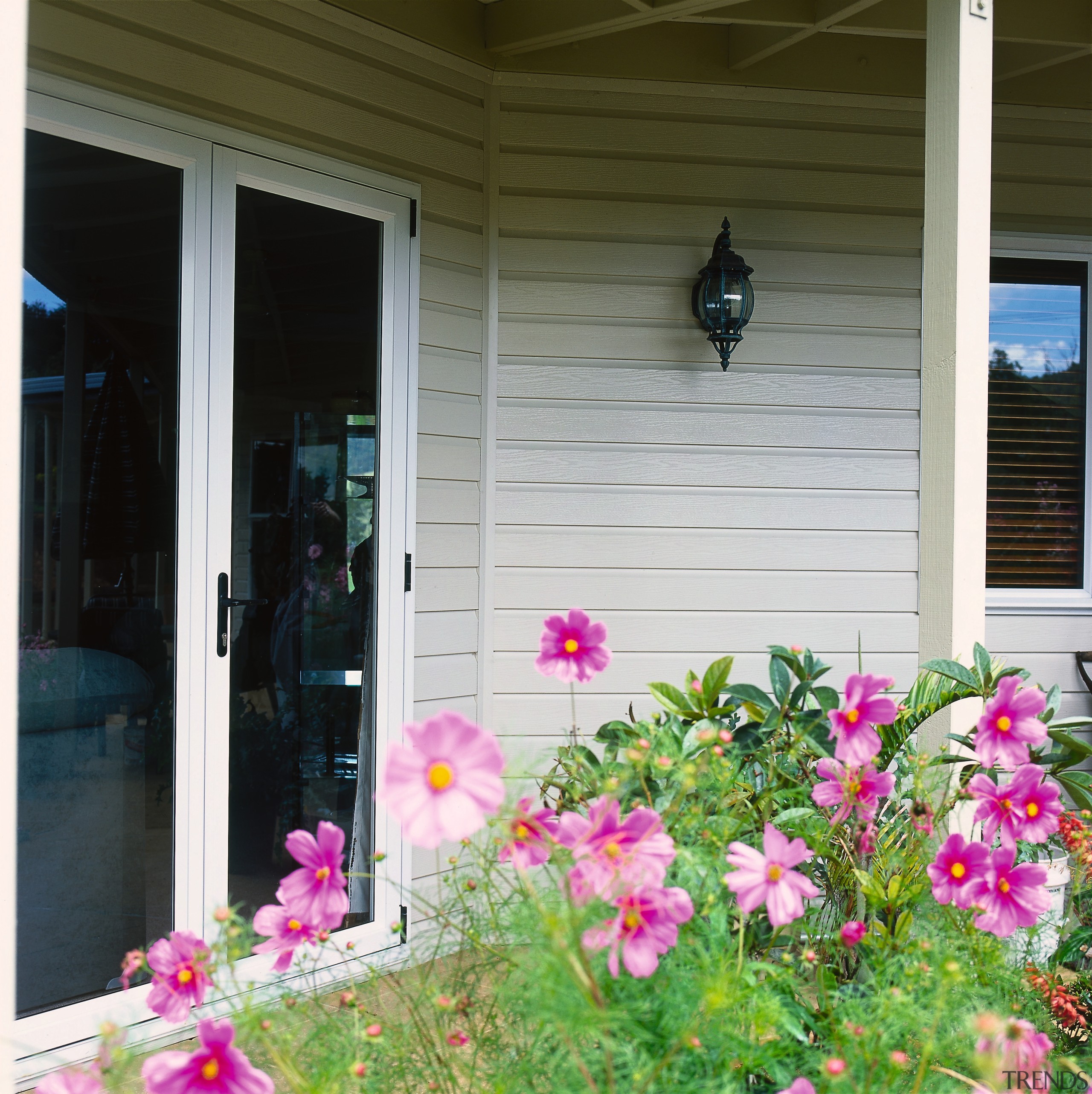 Exterior of home with cream coloured weatherboards and backyard, floristry, flower, garden, home, house, outdoor structure, plant, porch, real estate, siding, spring, window, yard