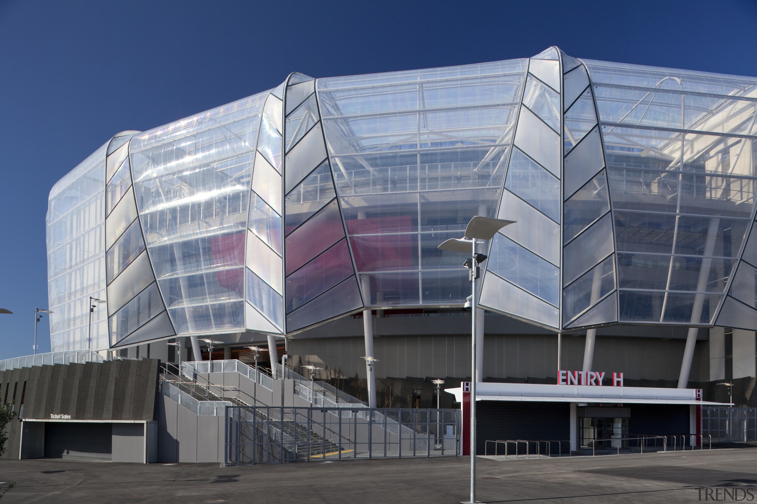 View of the ETFE canopy of Eden Park architecture, building, commercial building, corporate headquarters, facade, headquarters, metropolitan area, mixed use, sky, structure, gray, blue