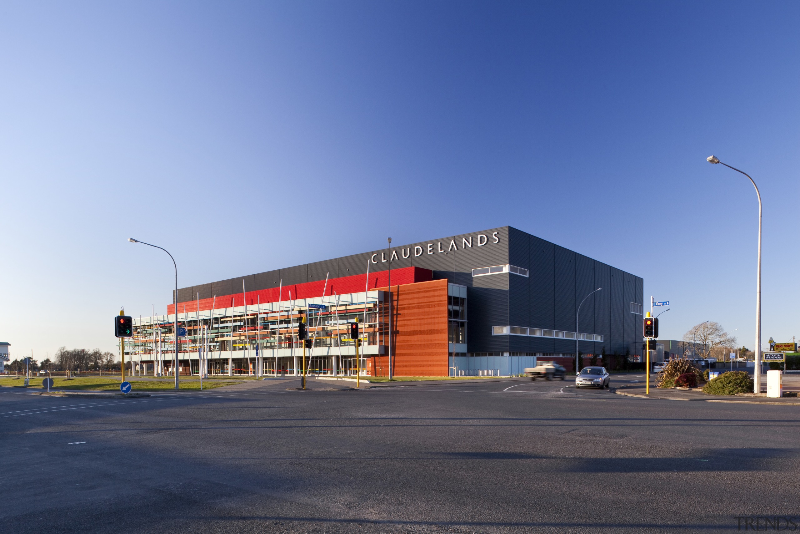 External view of Claudlands arena in Hamilton - architecture, building, city, commercial building, corporate headquarters, facade, infrastructure, metropolitan area, real estate, sky, structure, teal