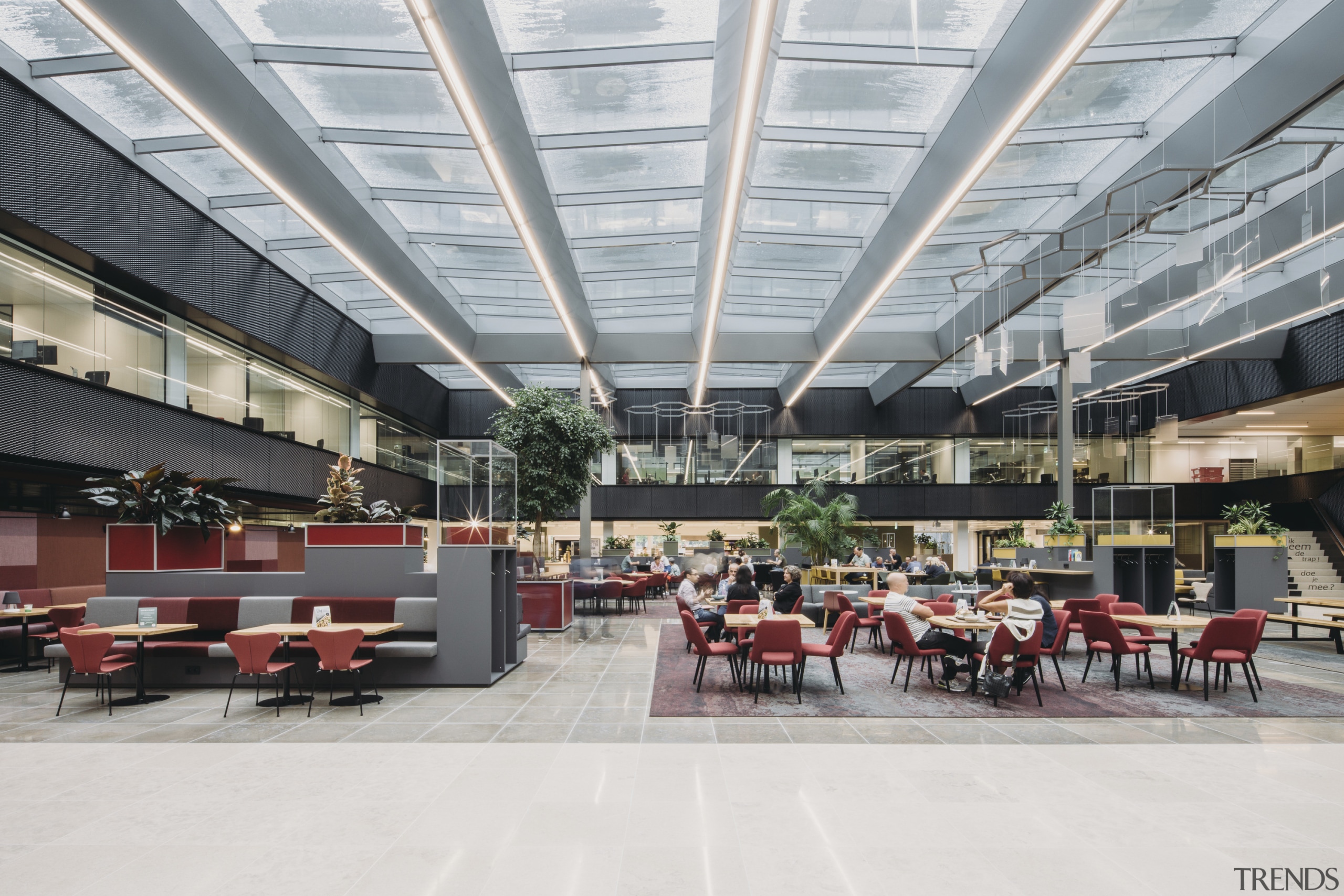 A glass ceiling throws natural light on lunching 