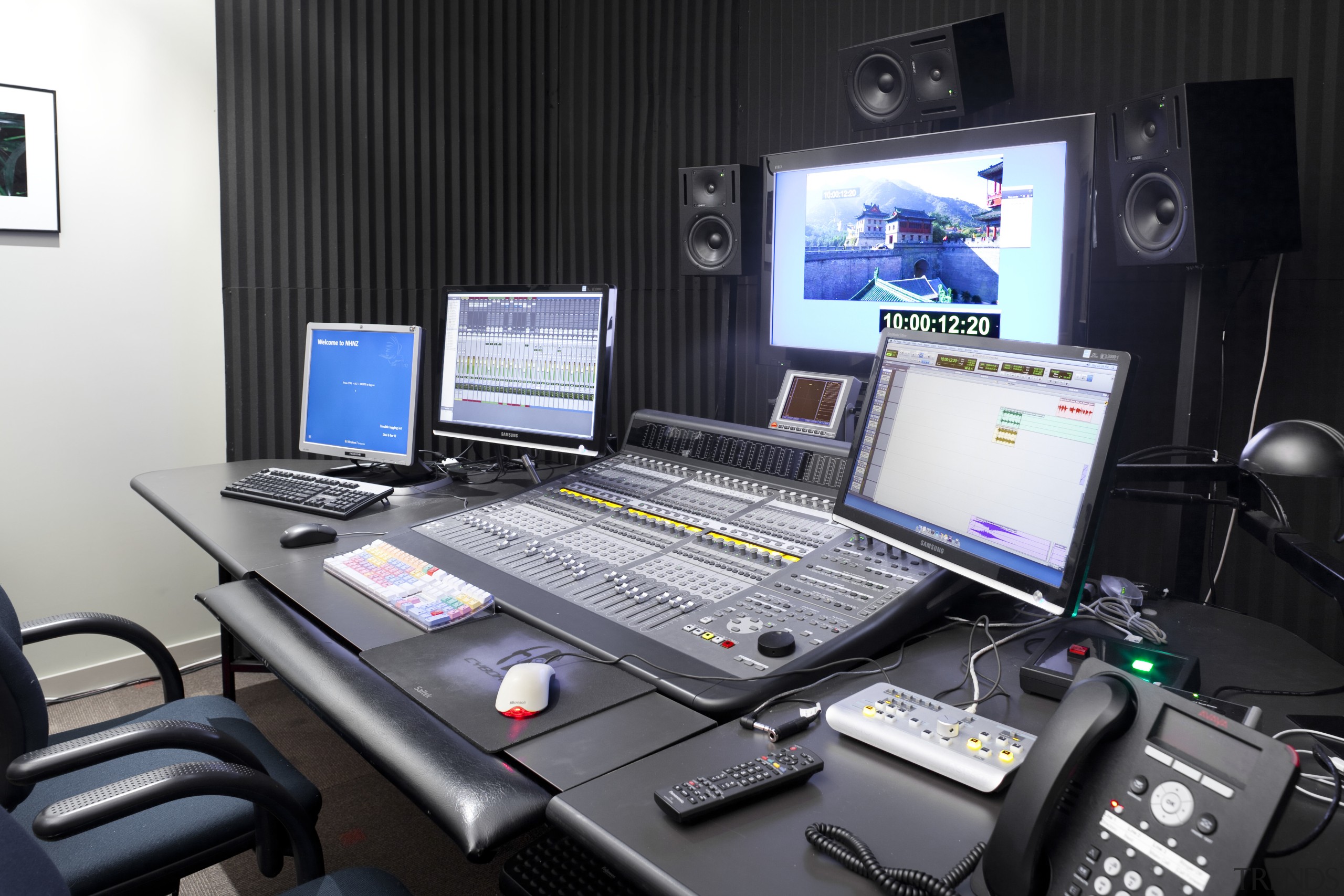 View of a sound suite at the of electronic device, electronics, personal computer, studio, technology, television studio, black