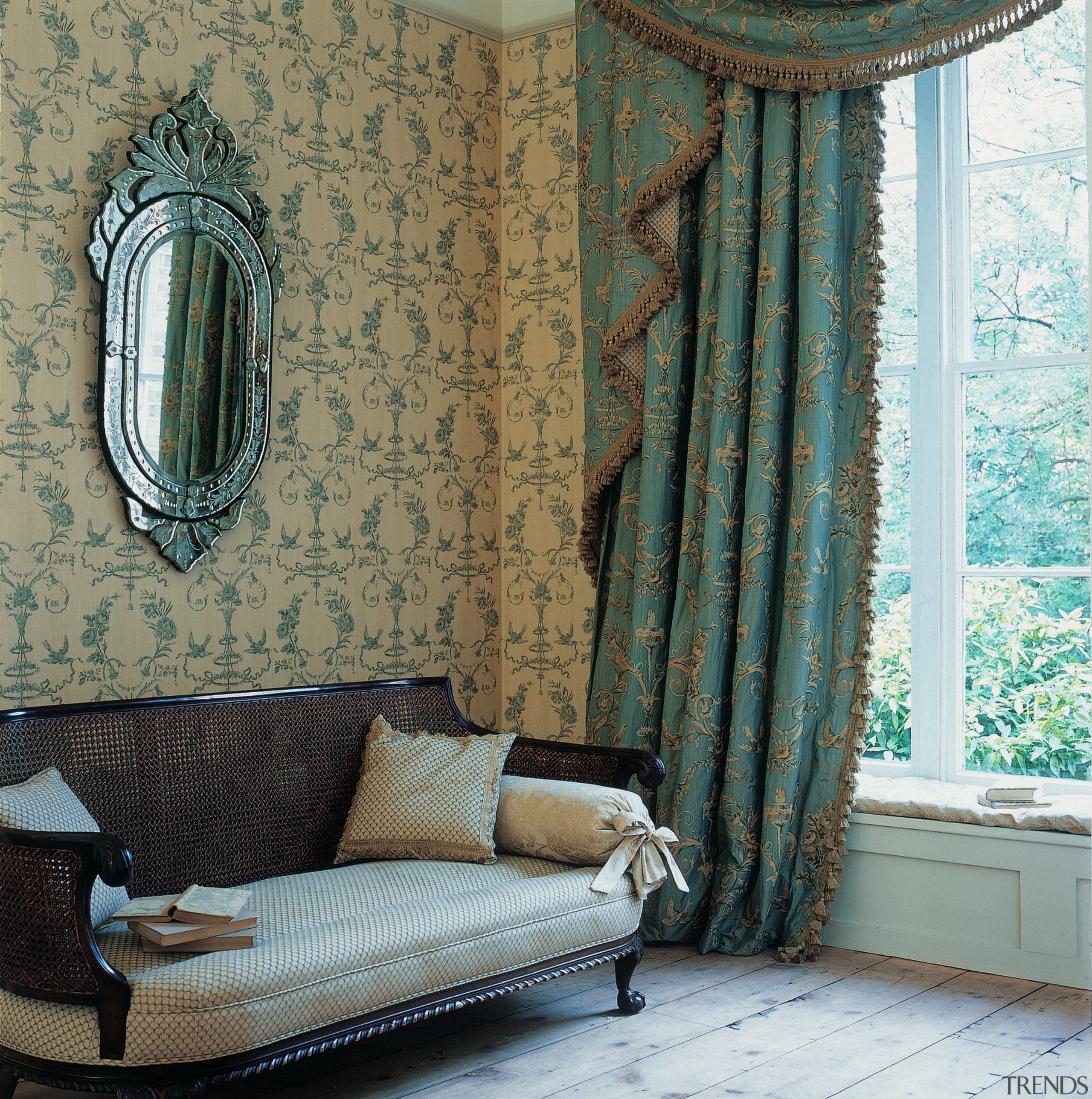 View of a living area, French windows, green curtain, home, interior design, textile, wall, wallpaper, window, window covering, window treatment, wood, brown