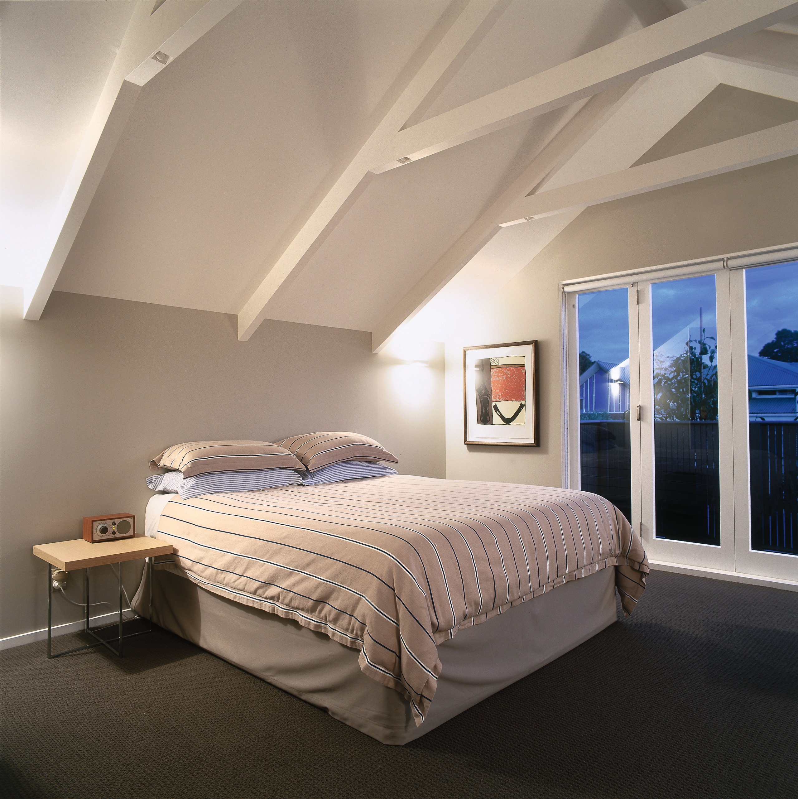 Buildng into the roof area provided enough space architecture, bed, bed frame, bedroom, ceiling, daylighting, estate, floor, home, interior design, mattress, real estate, room, wall, window, gray