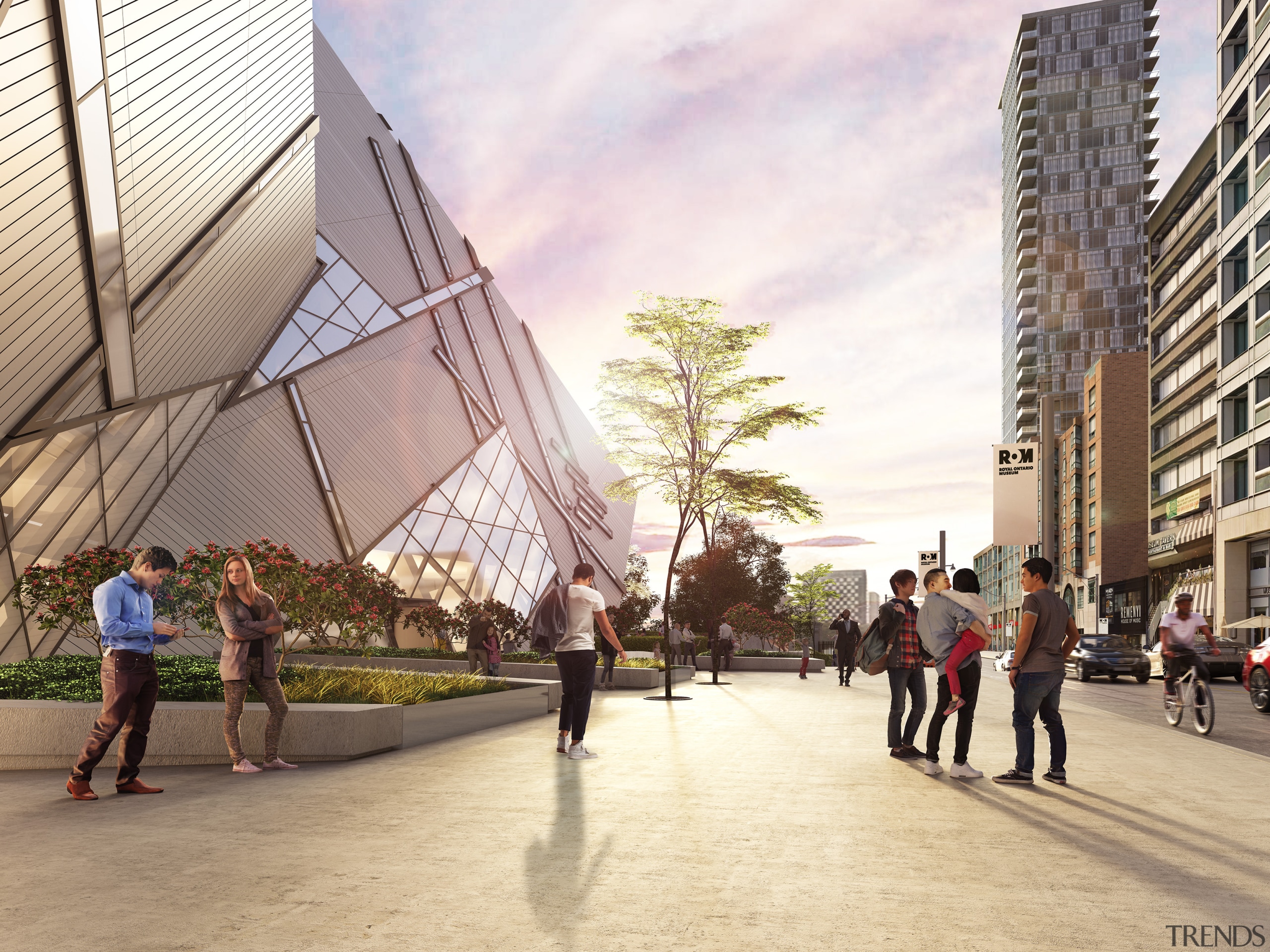 A new outdoor addition to the Royal Ontario airplane, architecture, building, city, cloud, daytime, downtown, human settlement, metal, metropolitan area, mixed-use, pedestrian, public space, sky, skyscraper, snapshot, street, tourism, tower block, tree, urban area, urban design, vacation, white