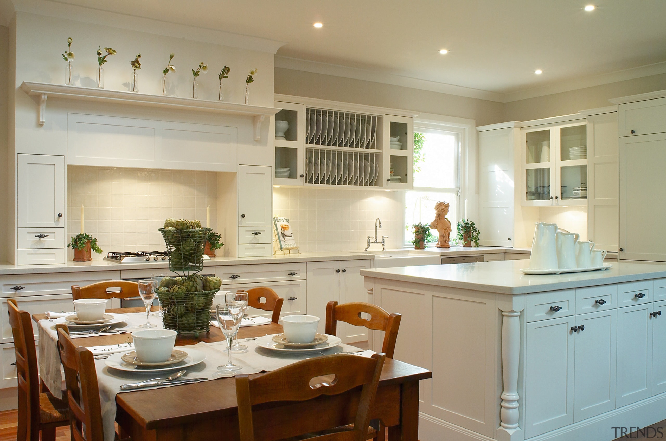 Large kitchen with white cabinetry and benchtop, and cabinetry, countertop, cuisine classique, home, interior design, kitchen, real estate, room, window, orange, brown