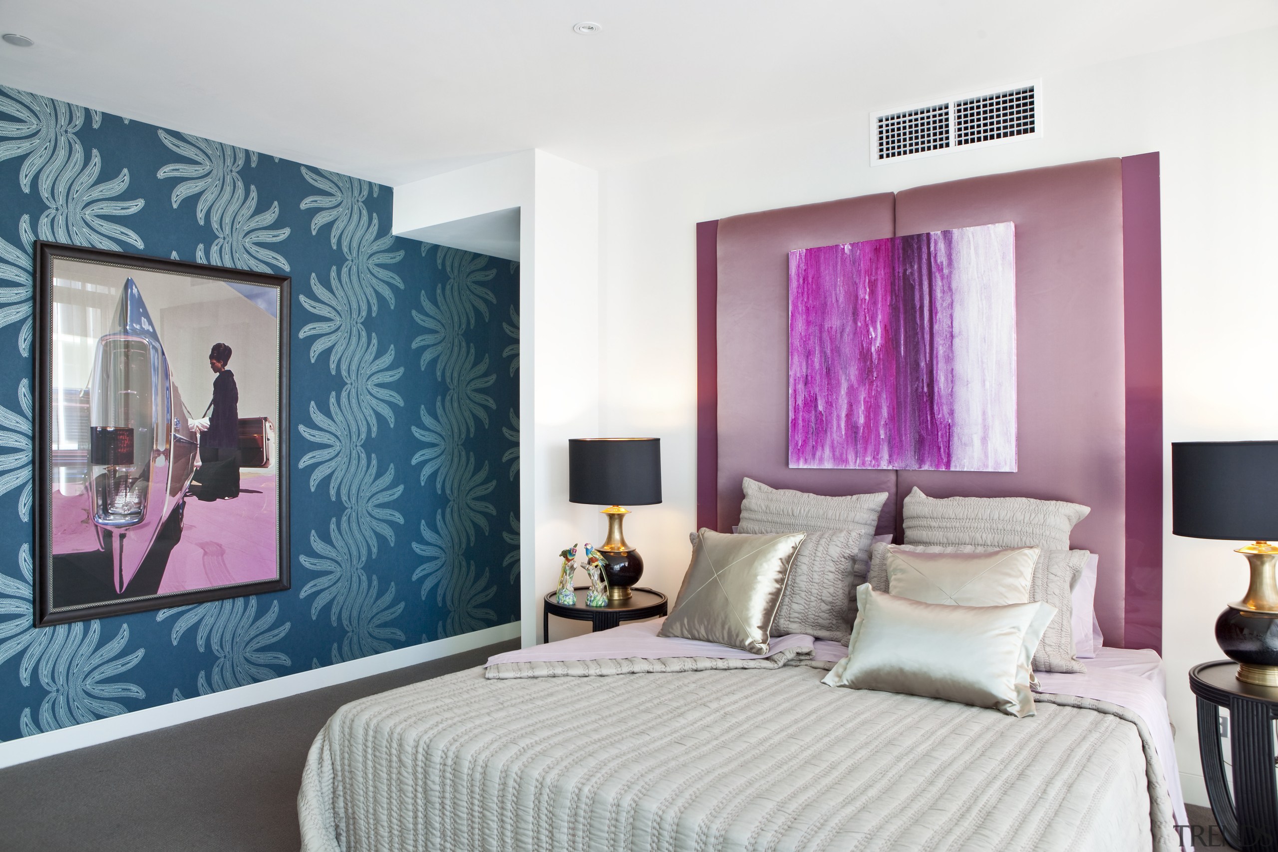 View of bedroom featuring bed with grey linen, bed frame, bed sheet, bedroom, ceiling, furniture, home, interior design, purple, room, suite, textile, wall, white