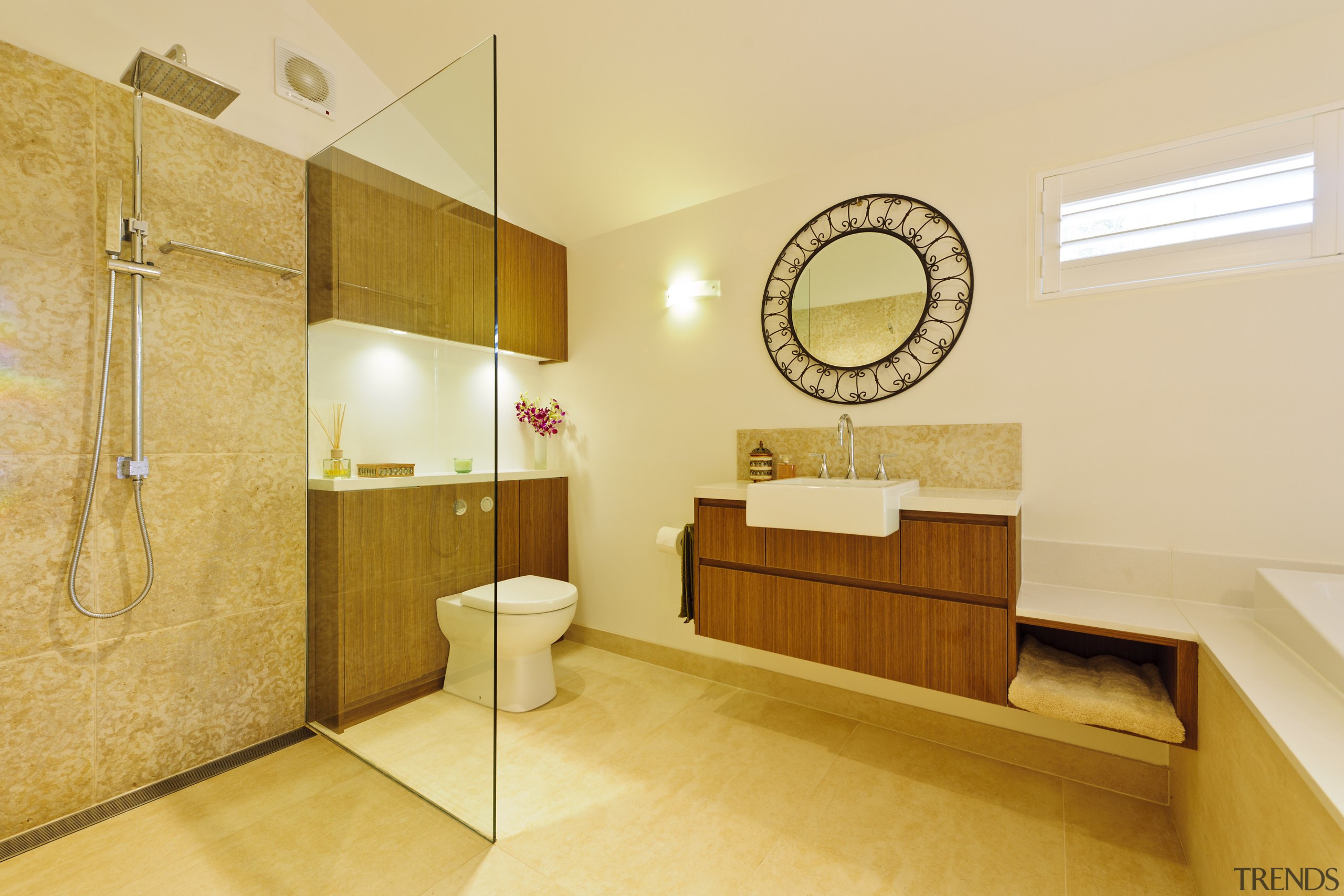 View of contemporary bathroom with round mirror and bathroom, floor, home, interior design, property, real estate, room, orange