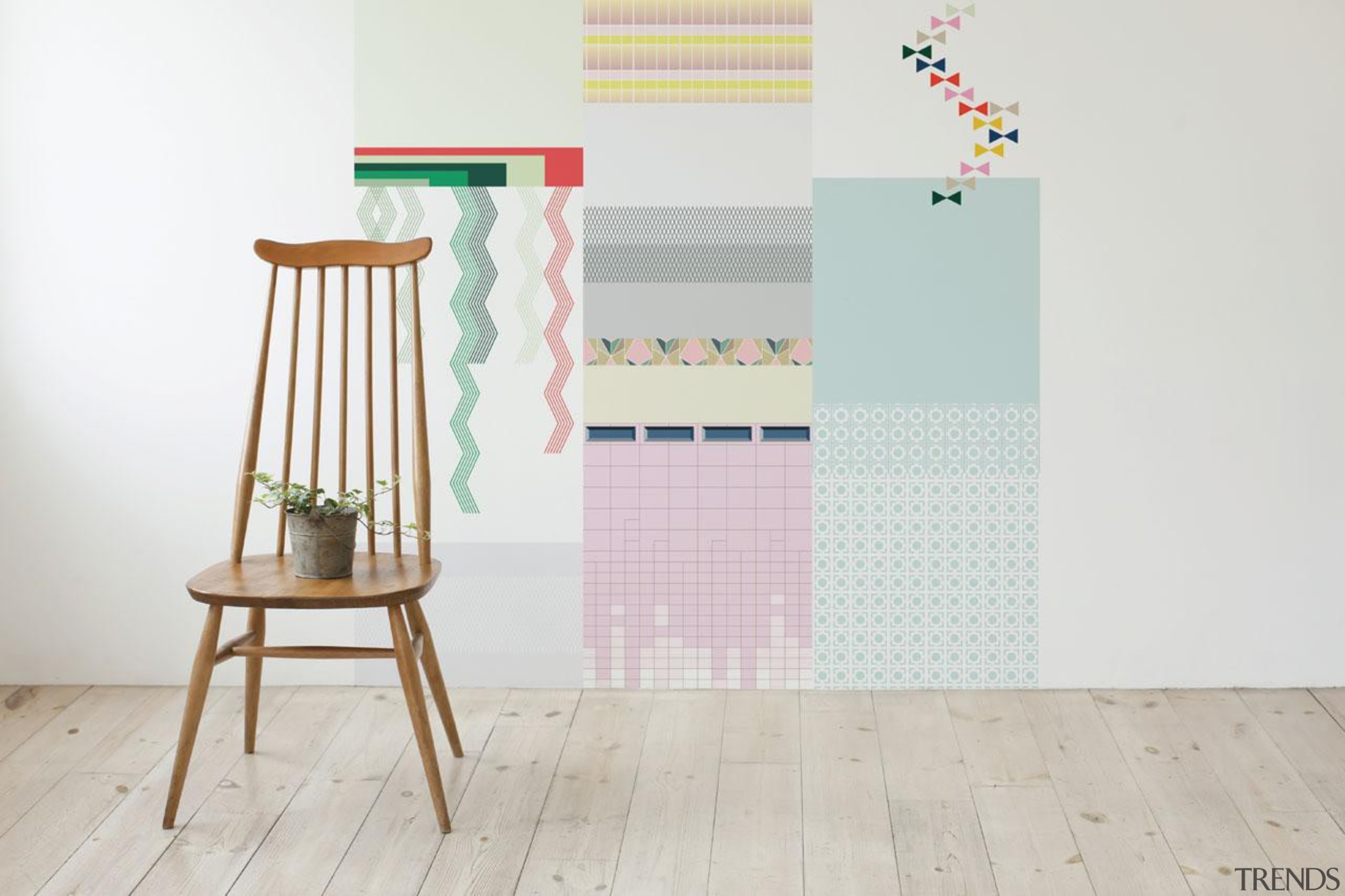 One of the challenges when putting up wallpaper chair, floor, flooring, furniture, product, product design, shelf, table, wood, white, gray