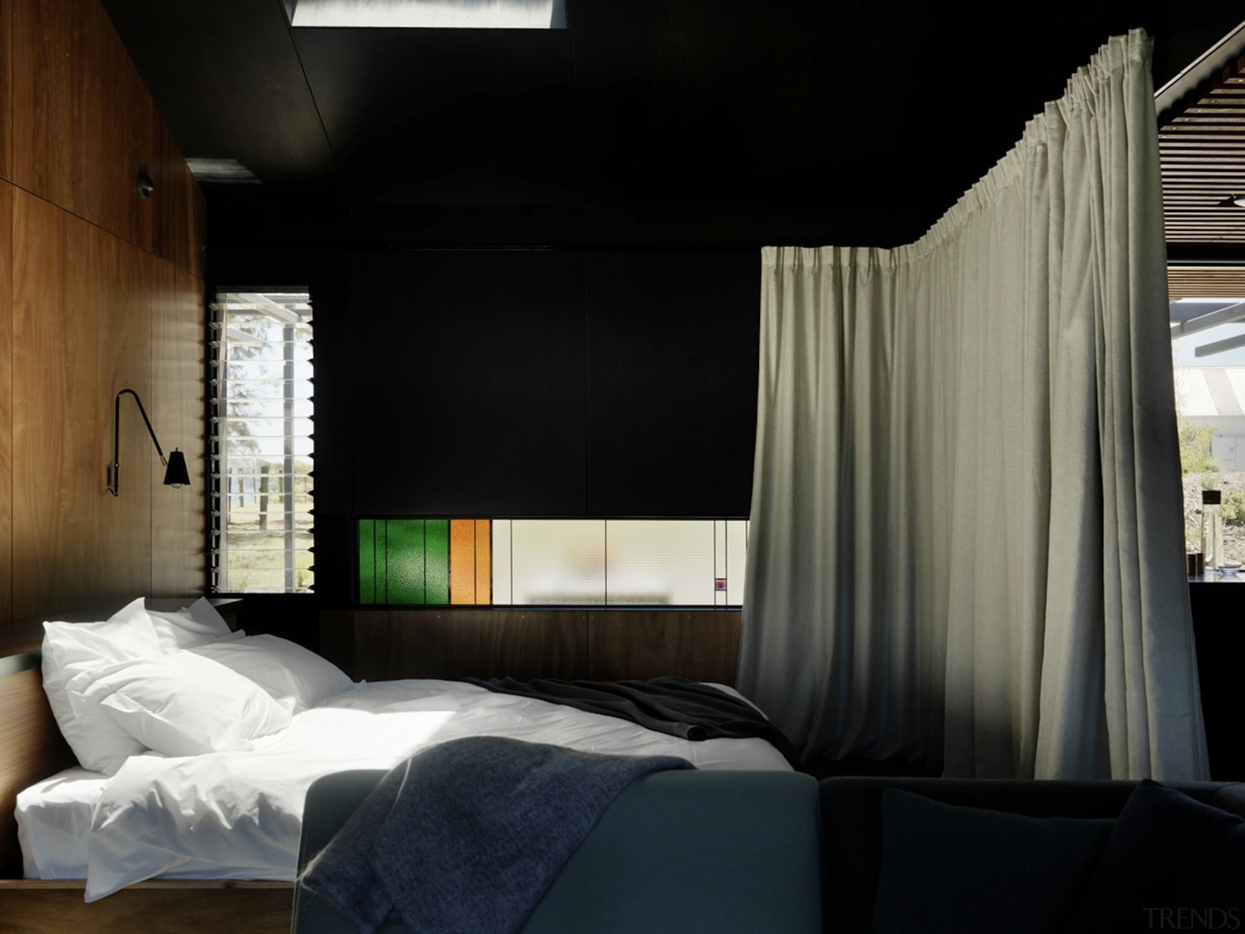 A privacy curtain seals the sleeping area from architecture, bed, bed frame, bedroom, ceiling, furniture, home, house, interior design, light fixture, lighting, room, wall, window, black
