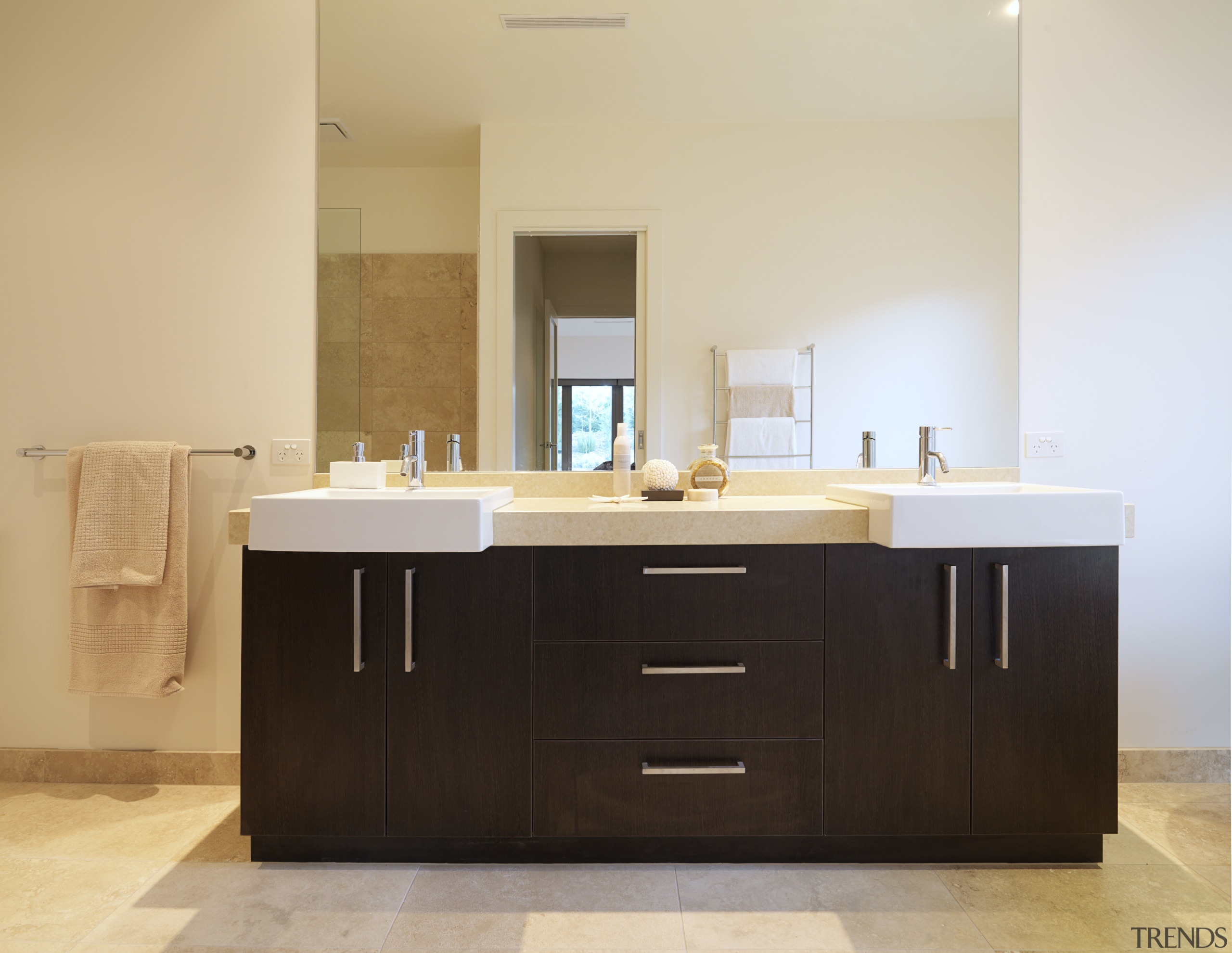 Bathroom, featuring vanity with dark-stained timber cabinetry, CaesarStone bathroom, bathroom accessory, bathroom cabinet, cabinetry, countertop, cuisine classique, interior design, kitchen, room, sink, orange, gray